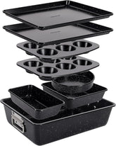 UrbanPantry: 8-Piece Stackable Bakeware Set | Carbon Steel Non-Stick Baking Pan Set | Includes Sheet, Muffin, Round, Loaf, Square Cake & Deep Pans | No PFOA & PFOS | Oven Safe to 450 F (Marble Cream)