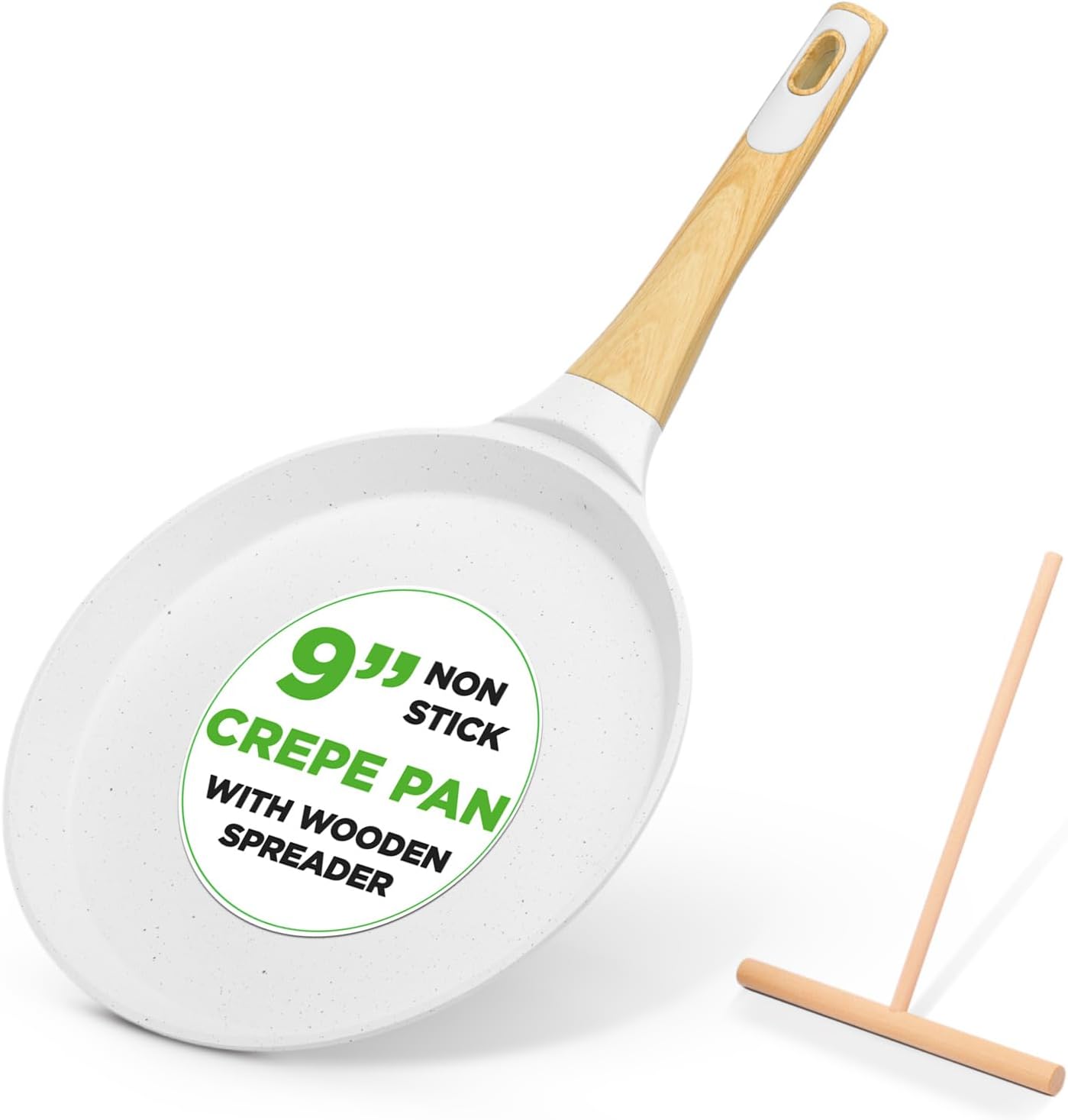 UrbanPantry: 9.45” Non-Stick Crepe Pan with Wooden Spreader, Durable Marble Coated Dosa Pan, Bakelite Handle and Induction Bottom, PFOA/PFOS Free, Dishwasher Safe, Even Heat Distribution (Black Marble)