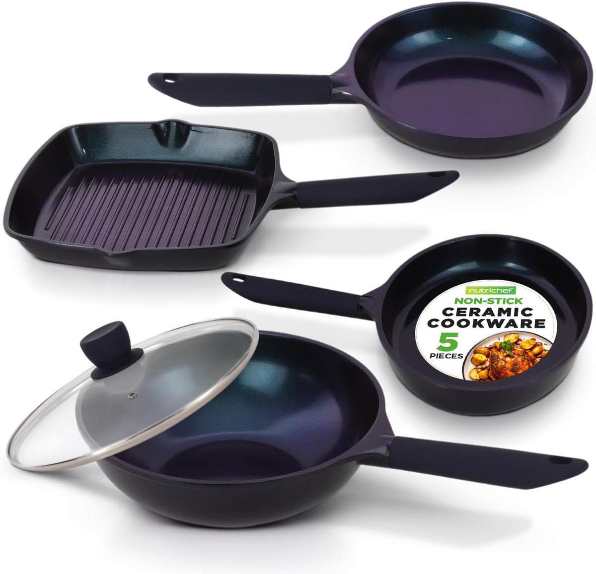 UrbanPantry:  5-Piece Frying Pan Cooking Set, Non-Stick Ceramic Pan Set with Grill Pan and Wok, Stain-Resistant Frying Pans With Cool-Touch Handles, Tempered Glass Lid, PTFE/PFOA/PFOS Free (Blue)
