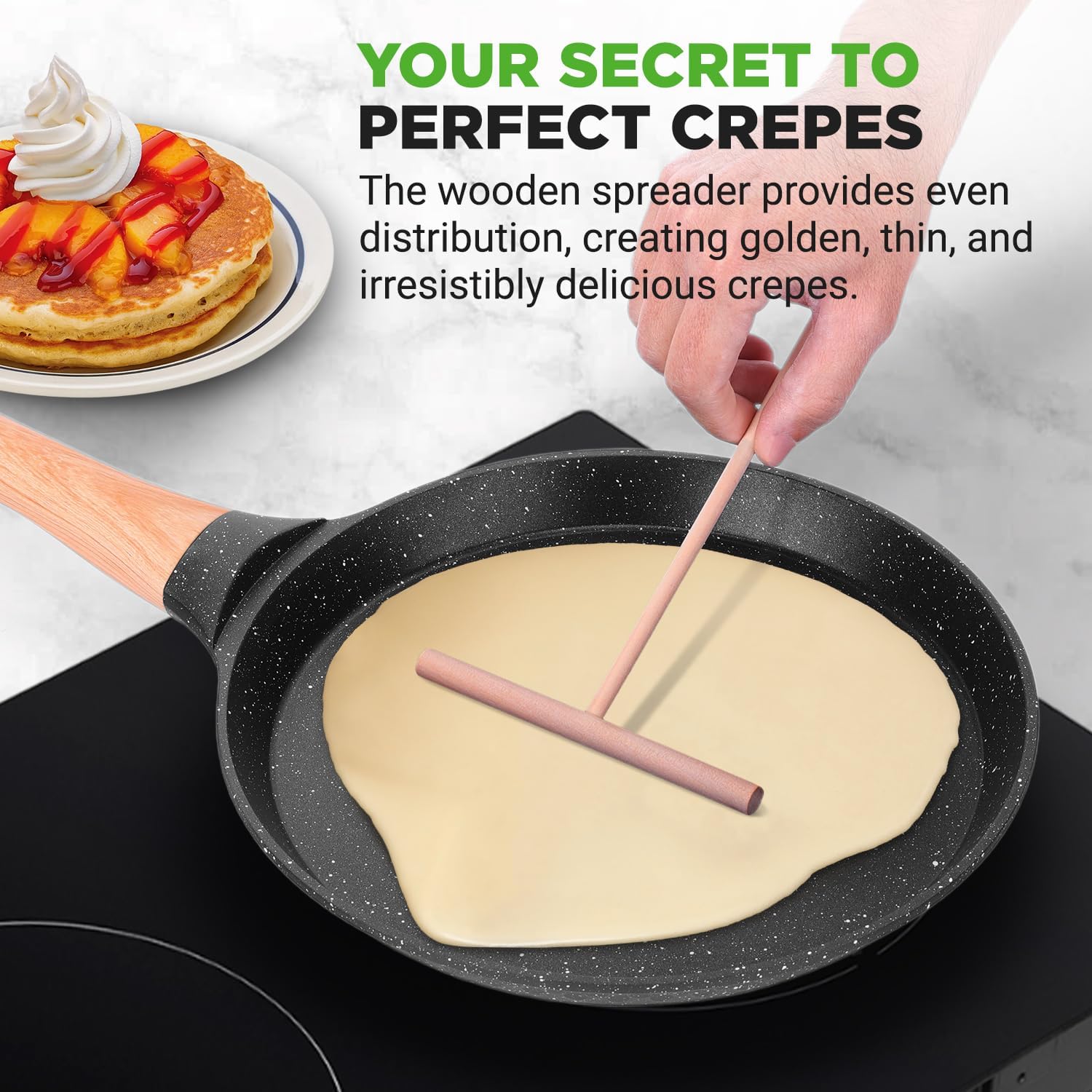 UrbanPantry: 9.45” Non-Stick Crepe Pan with Wooden Spreader, Durable Marble Coated Dosa Pan, Bakelite Handle and Induction Bottom, PFOA/PFOS Free, Dishwasher Safe, Even Heat Distribution (Black Marble)