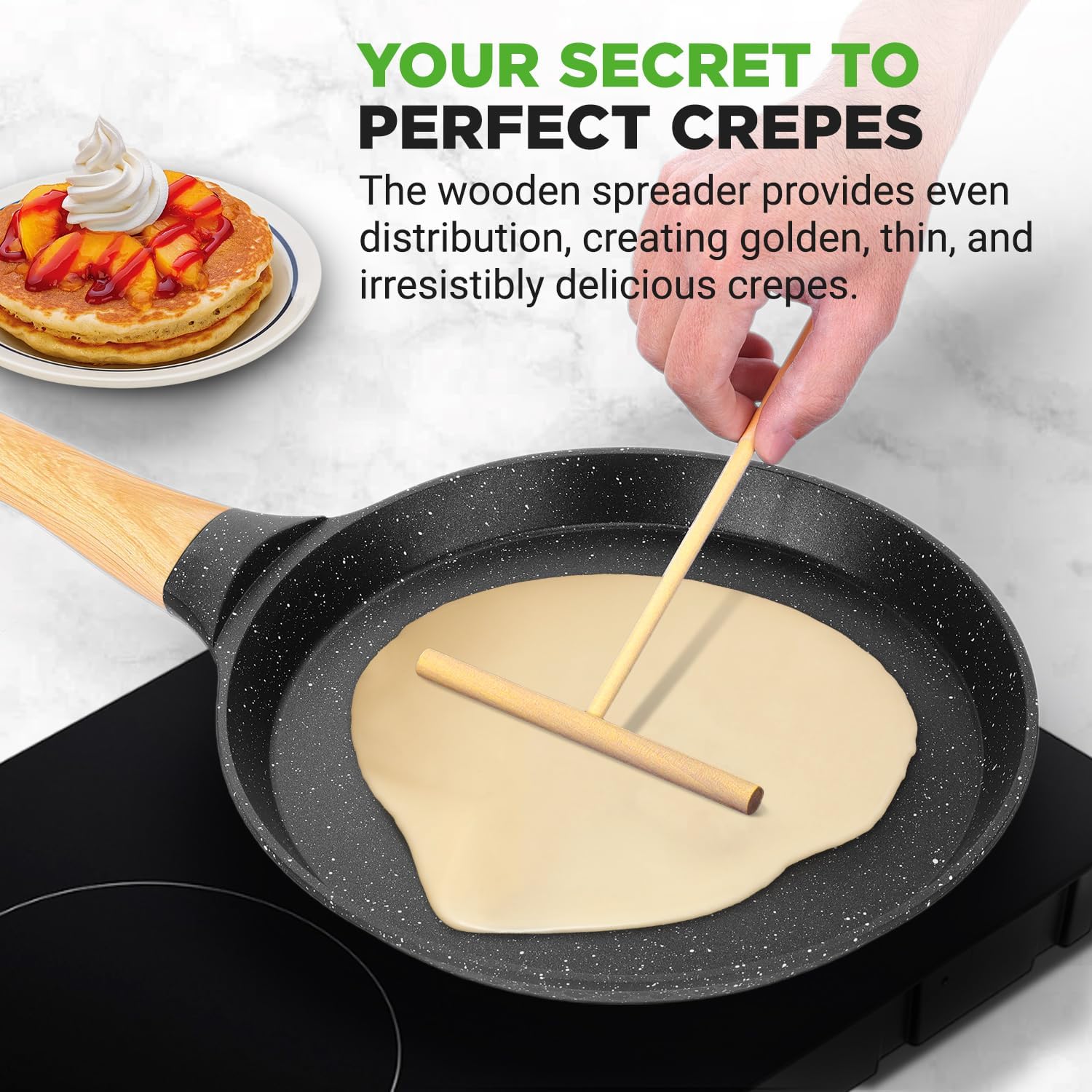 UrbanPantry: 9.45” Non-Stick Crepe Pan with Wooden Spreader, Durable Marble Coated Dosa Pan, Bakelite Handle and Induction Bottom, PFOA/PFOS Free, Dishwasher Safe, Even Heat Distribution (Black Marble)