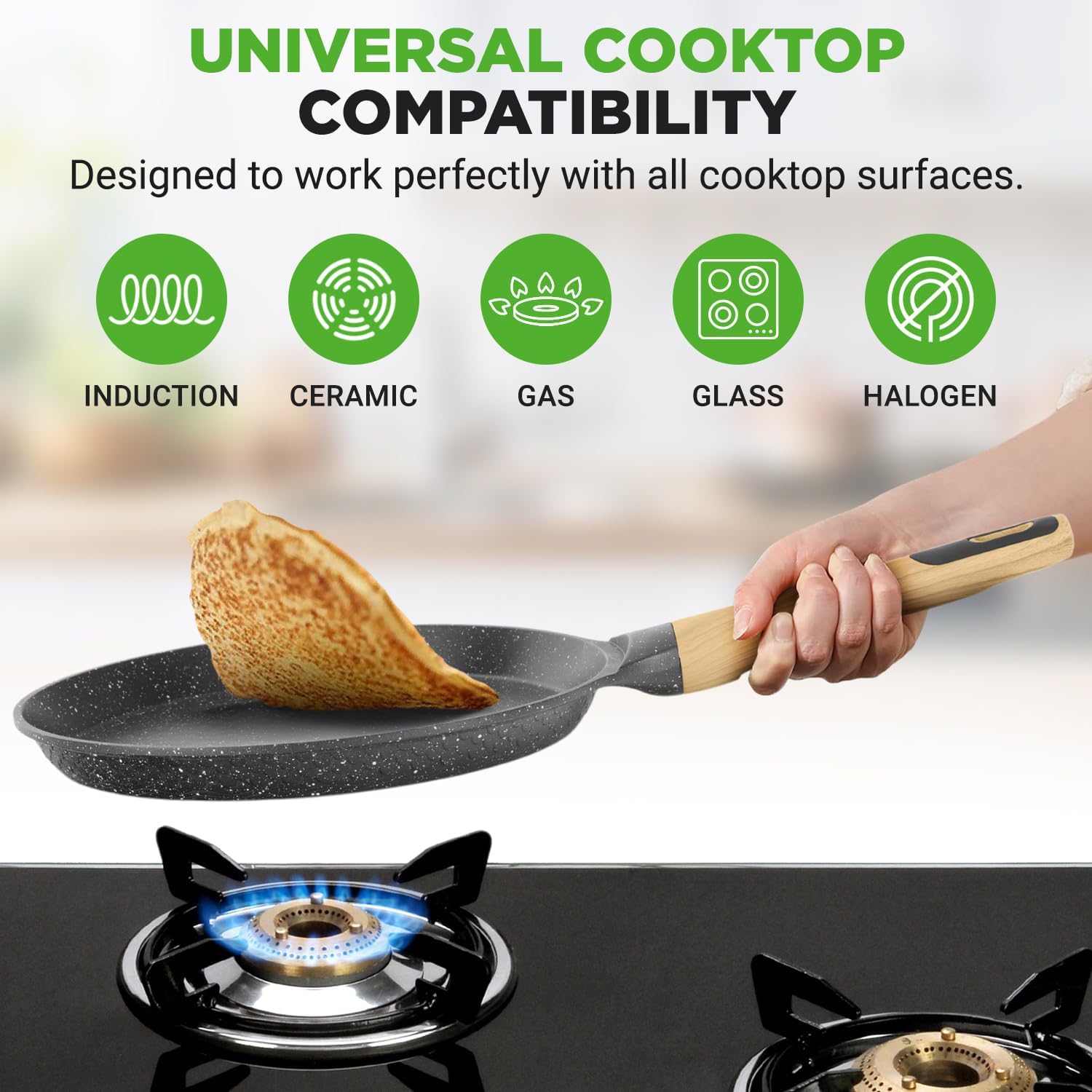 UrbanPantry: 9.45” Non-Stick Crepe Pan with Wooden Spreader, Durable Marble Coated Dosa Pan, Bakelite Handle and Induction Bottom, PFOA/PFOS Free, Dishwasher Safe, Even Heat Distribution (Black Marble)