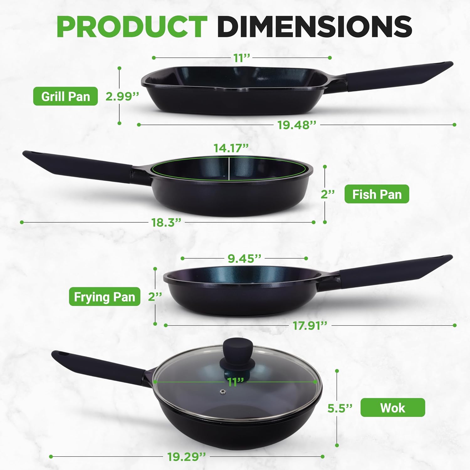 UrbanPantry:  5-Piece Frying Pan Cooking Set, Non-Stick Ceramic Pan Set with Grill Pan and Wok, Stain-Resistant Frying Pans With Cool-Touch Handles, Tempered Glass Lid, PTFE/PFOA/PFOS Free (Blue)