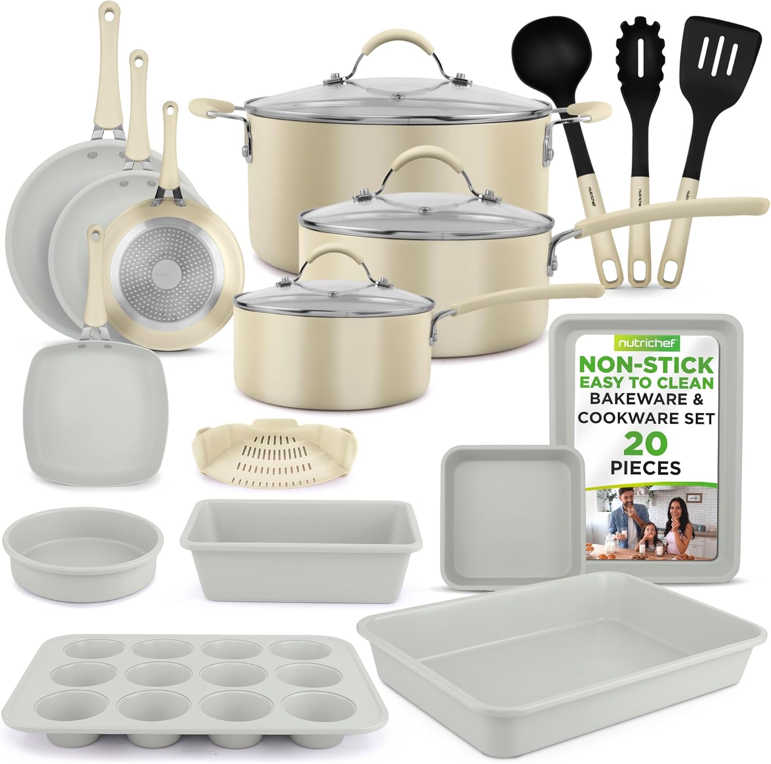 UrbanPantry: 20-Piece Non-Stick Bakeware and Cookware Set - Utensils Including Pots and Baking Pans Made with Durable Aluminum, Tempered Glass Lids, Heat-Resistant Utensils, Easy-Clean Design (White)