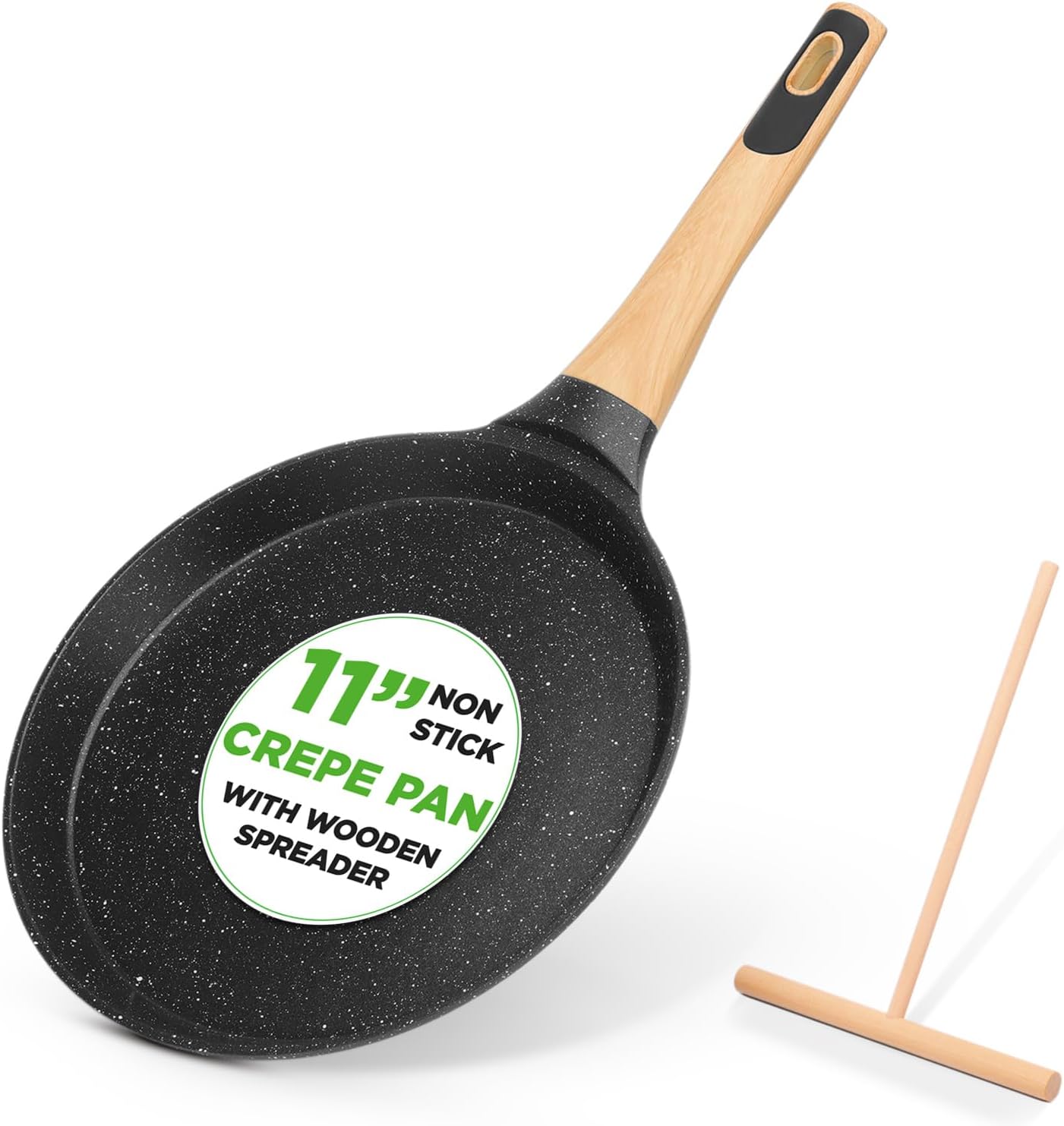 UrbanPantry: 9.45” Non-Stick Crepe Pan with Wooden Spreader, Durable Marble Coated Dosa Pan, Bakelite Handle and Induction Bottom, PFOA/PFOS Free, Dishwasher Safe, Even Heat Distribution (Black Marble)
