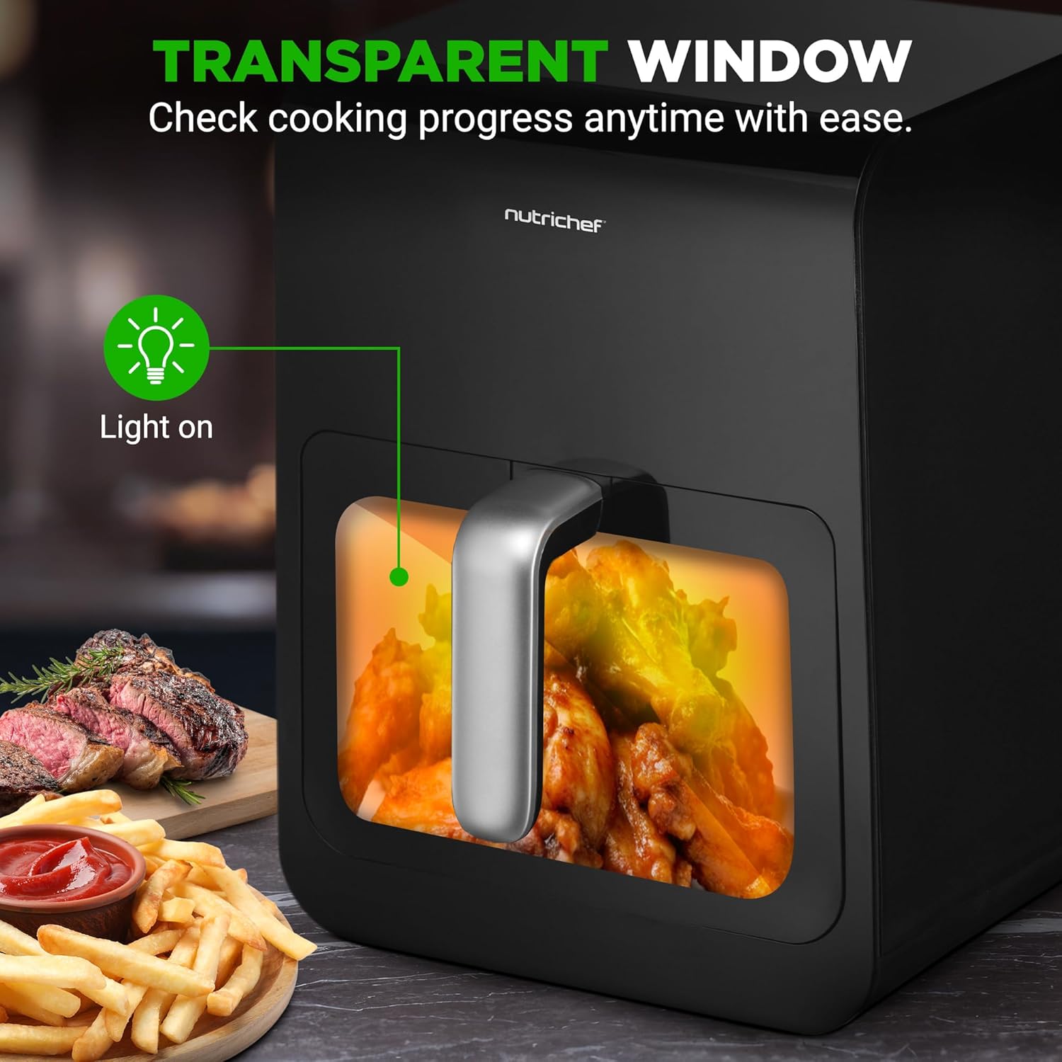 UrbanPantry: 6 Quart Air Fryer - 1400W Large Digital Airfryer, LED Touch Display, 12 Cooking Presets, 360° Hot Air for Even Heat, Adjustable Temp/Timer, Non-Stick Basket, Transparent Window (Black)