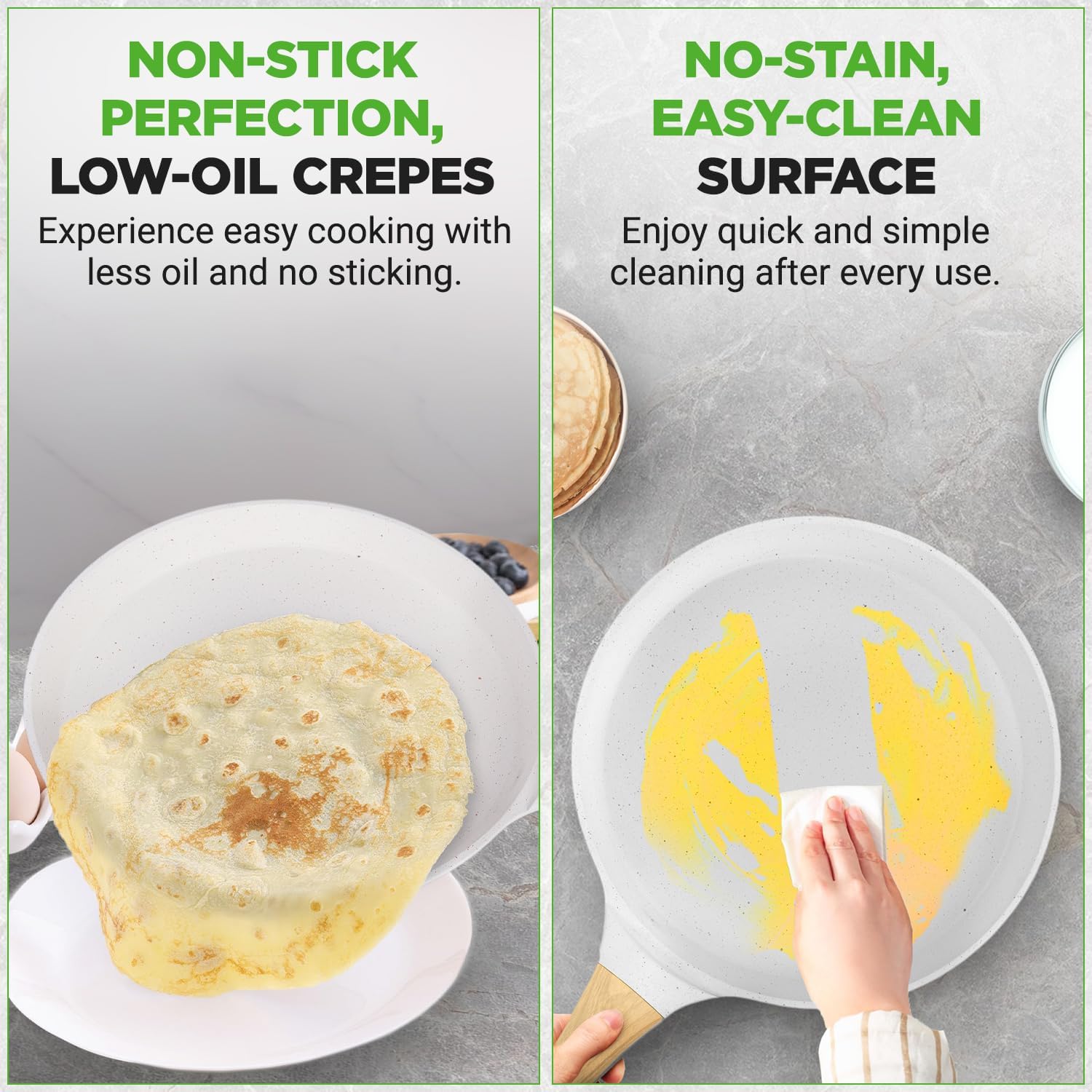 UrbanPantry: 9.45” Non-Stick Crepe Pan with Wooden Spreader, Durable Marble Coated Dosa Pan, Bakelite Handle and Induction Bottom, PFOA/PFOS Free, Dishwasher Safe, Even Heat Distribution (Black Marble)