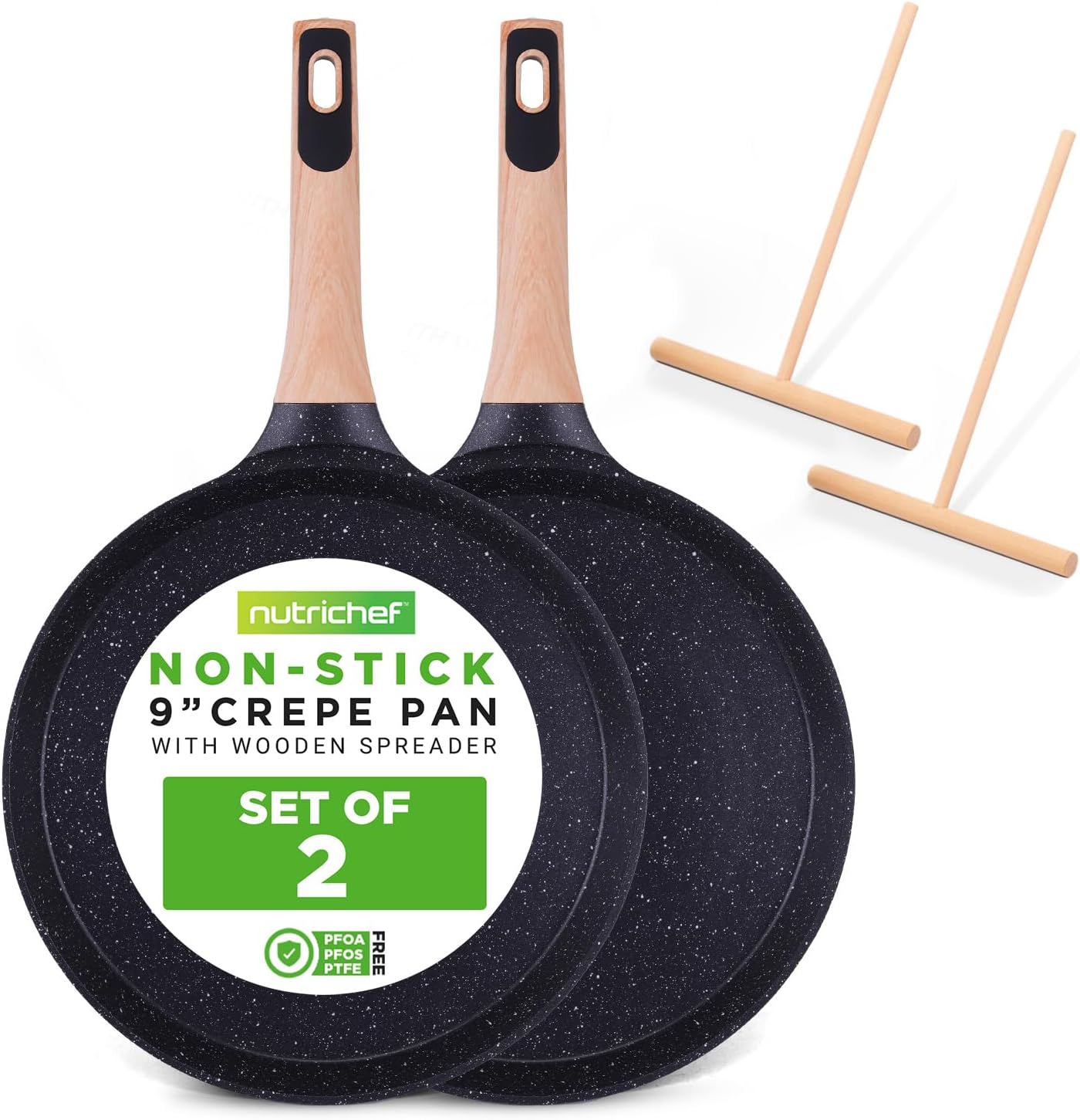UrbanPantry: 9.45” Non-Stick Crepe Pan with Wooden Spreader, Durable Marble Coated Dosa Pan, Bakelite Handle and Induction Bottom, PFOA/PFOS Free, Dishwasher Safe, Even Heat Distribution (Black Marble)