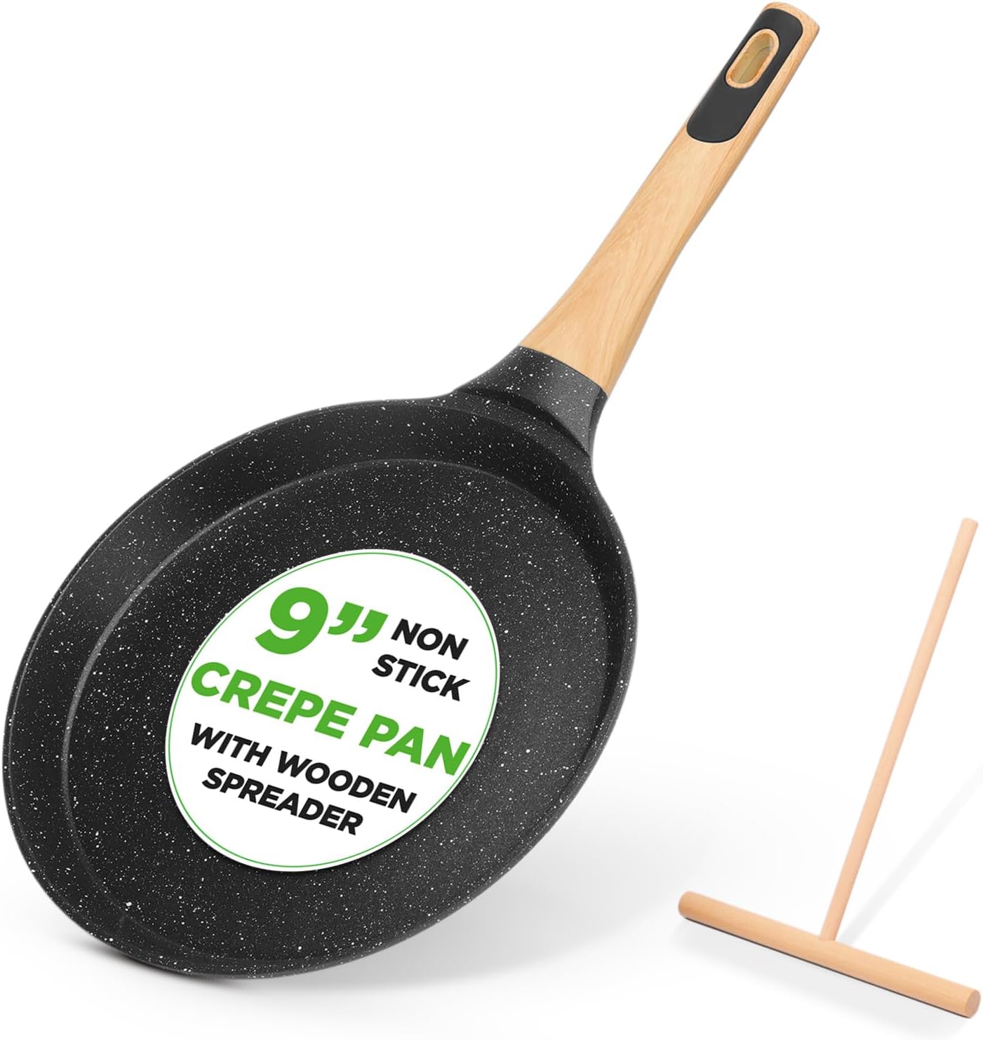 UrbanPantry: 9.45” Non-Stick Crepe Pan with Wooden Spreader, Durable Marble Coated Dosa Pan, Bakelite Handle and Induction Bottom, PFOA/PFOS Free, Dishwasher Safe, Even Heat Distribution (Black Marble)