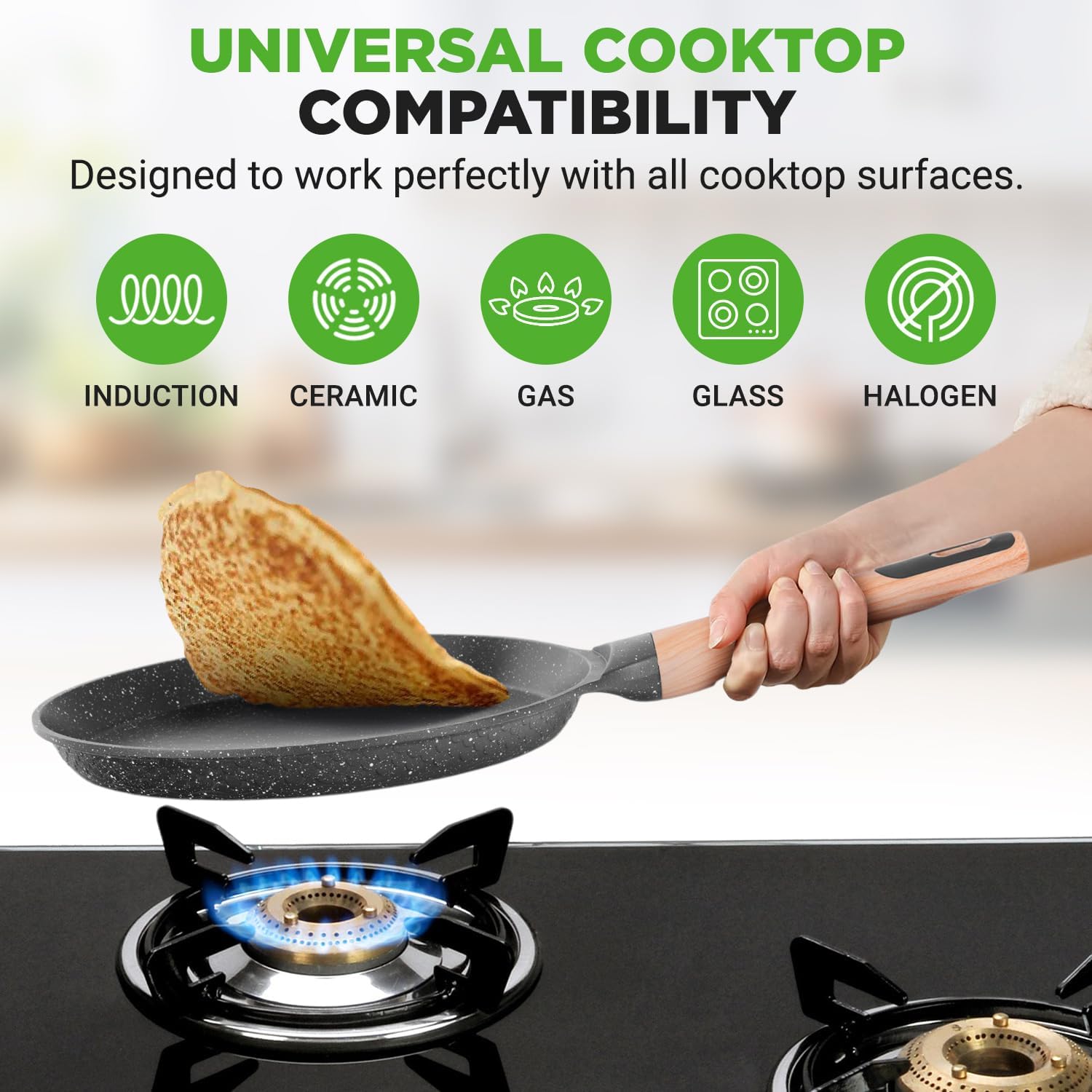 UrbanPantry: 9.45” Non-Stick Crepe Pan with Wooden Spreader, Durable Marble Coated Dosa Pan, Bakelite Handle and Induction Bottom, PFOA/PFOS Free, Dishwasher Safe, Even Heat Distribution (Black Marble)