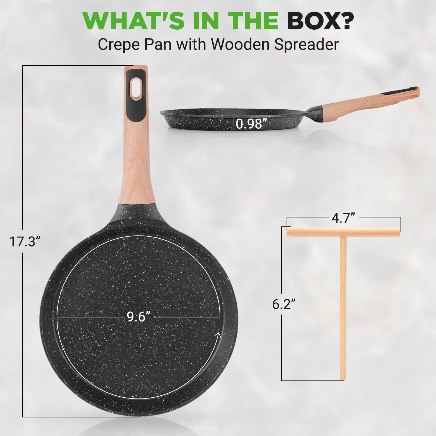 UrbanPantry: 9.45” Non-Stick Crepe Pan with Wooden Spreader, Durable Marble Coated Dosa Pan, Bakelite Handle and Induction Bottom, PFOA/PFOS Free, Dishwasher Safe, Even Heat Distribution (Black Marble)