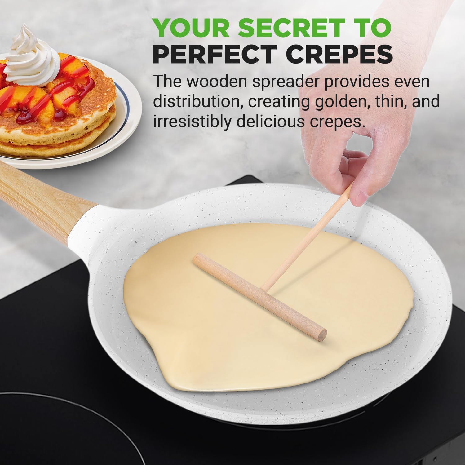 UrbanPantry: 9.45” Non-Stick Crepe Pan with Wooden Spreader, Durable Marble Coated Dosa Pan, Bakelite Handle and Induction Bottom, PFOA/PFOS Free, Dishwasher Safe, Even Heat Distribution (Black Marble)