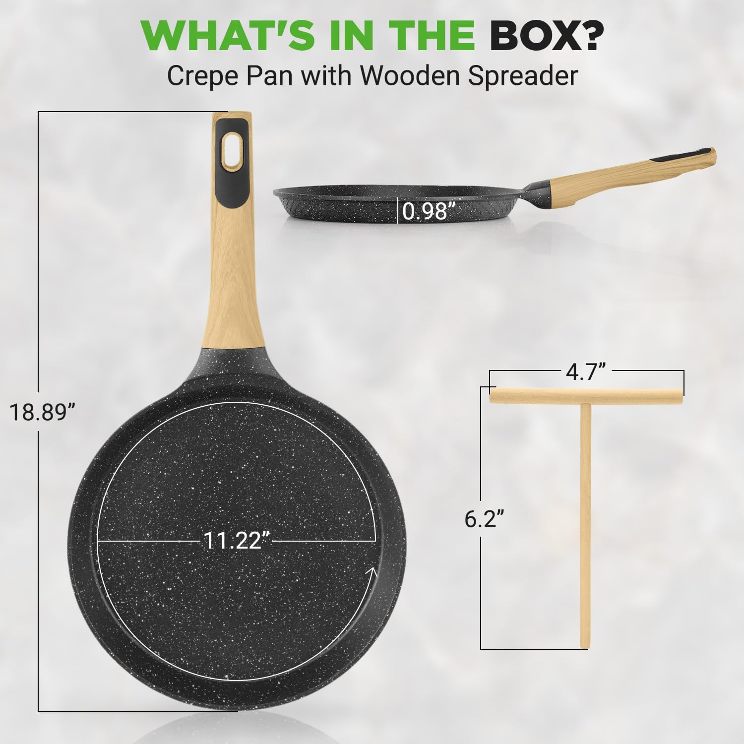 UrbanPantry: 9.45” Non-Stick Crepe Pan with Wooden Spreader, Durable Marble Coated Dosa Pan, Bakelite Handle and Induction Bottom, PFOA/PFOS Free, Dishwasher Safe, Even Heat Distribution (Black Marble)