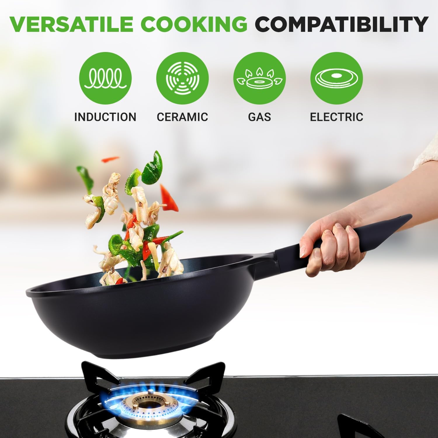UrbanPantry:  5-Piece Frying Pan Cooking Set, Non-Stick Ceramic Pan Set with Grill Pan and Wok, Stain-Resistant Frying Pans With Cool-Touch Handles, Tempered Glass Lid, PTFE/PFOA/PFOS Free (Blue)