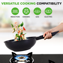 UrbanPantry:  5-Piece Frying Pan Cooking Set, Non-Stick Ceramic Pan Set with Grill Pan and Wok, Stain-Resistant Frying Pans With Cool-Touch Handles, Tempered Glass Lid, PTFE/PFOA/PFOS Free (Blue)