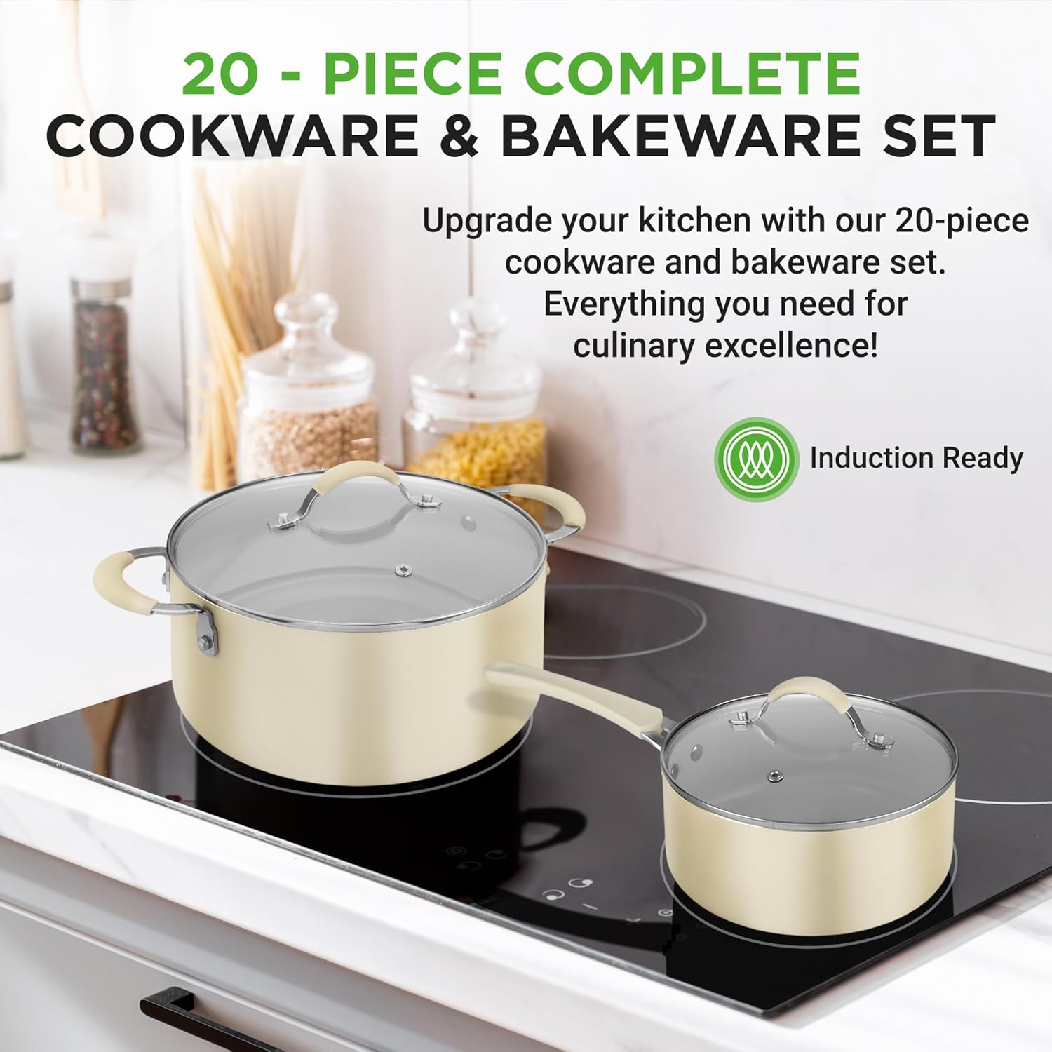 UrbanPantry: 20-Piece Non-Stick Bakeware and Cookware Set - Utensils Including Pots and Baking Pans Made with Durable Aluminum, Tempered Glass Lids, Heat-Resistant Utensils, Easy-Clean Design (White)
