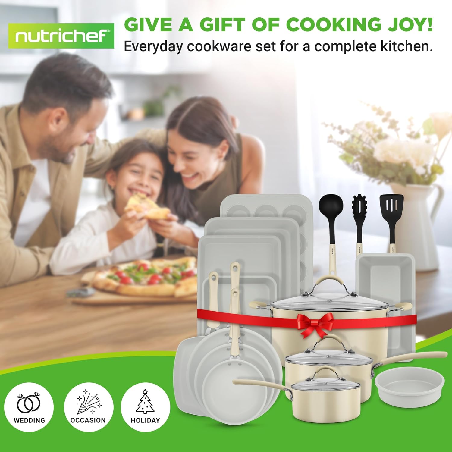 UrbanPantry: 20-Piece Non-Stick Bakeware and Cookware Set - Utensils Including Pots and Baking Pans Made with Durable Aluminum, Tempered Glass Lids, Heat-Resistant Utensils, Easy-Clean Design (White)