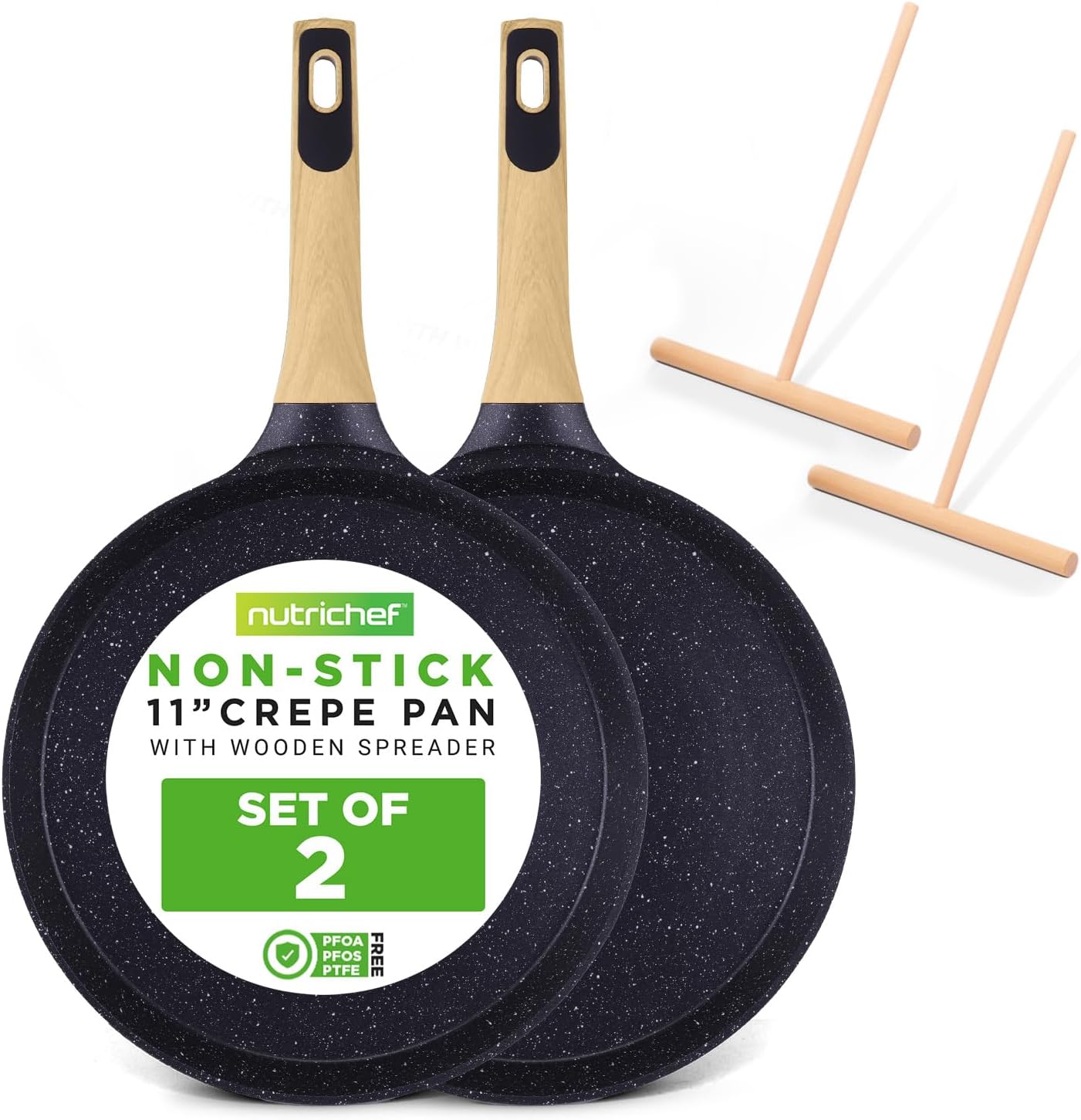 UrbanPantry: 9.45” Non-Stick Crepe Pan with Wooden Spreader, Durable Marble Coated Dosa Pan, Bakelite Handle and Induction Bottom, PFOA/PFOS Free, Dishwasher Safe, Even Heat Distribution (Black Marble)