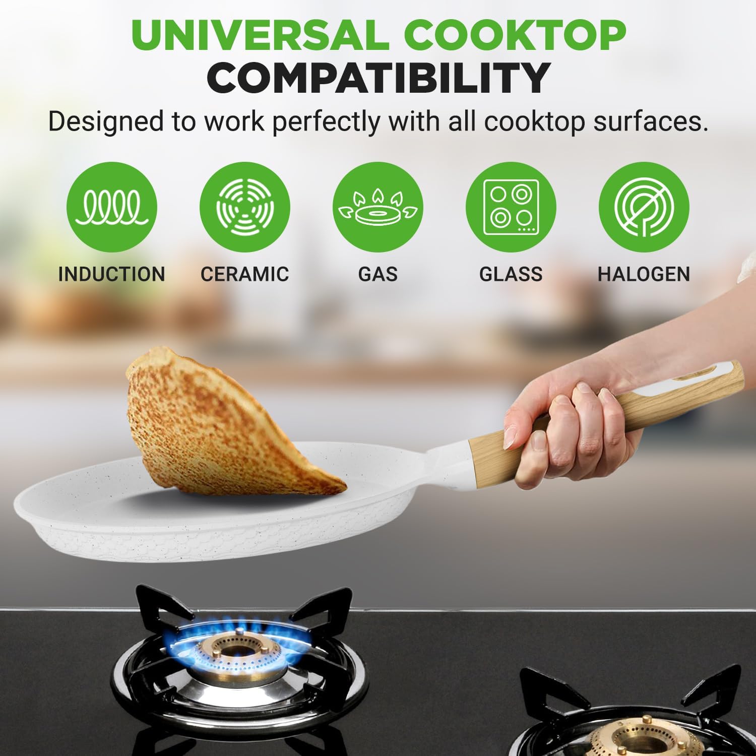UrbanPantry: 9.45” Non-Stick Crepe Pan with Wooden Spreader, Durable Marble Coated Dosa Pan, Bakelite Handle and Induction Bottom, PFOA/PFOS Free, Dishwasher Safe, Even Heat Distribution (Black Marble)
