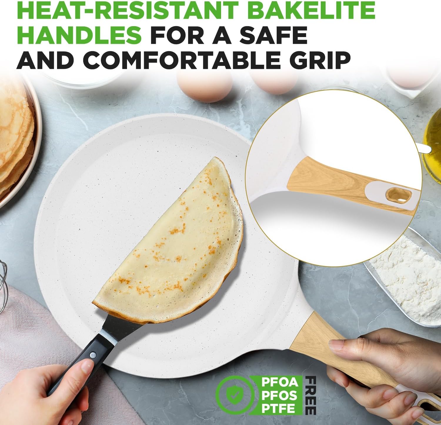 UrbanPantry: 9.45” Non-Stick Crepe Pan with Wooden Spreader, Durable Marble Coated Dosa Pan, Bakelite Handle and Induction Bottom, PFOA/PFOS Free, Dishwasher Safe, Even Heat Distribution (Black Marble)