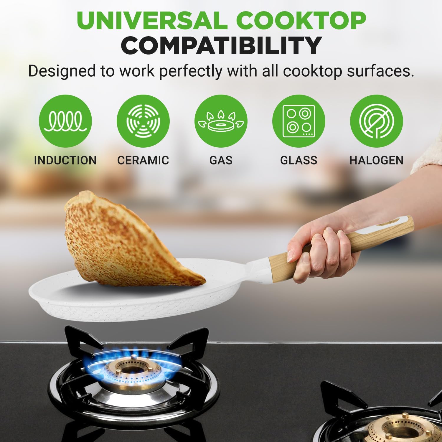 UrbanPantry: 9.45” Non-Stick Crepe Pan with Wooden Spreader, Durable Marble Coated Dosa Pan, Bakelite Handle and Induction Bottom, PFOA/PFOS Free, Dishwasher Safe, Even Heat Distribution (Black Marble)