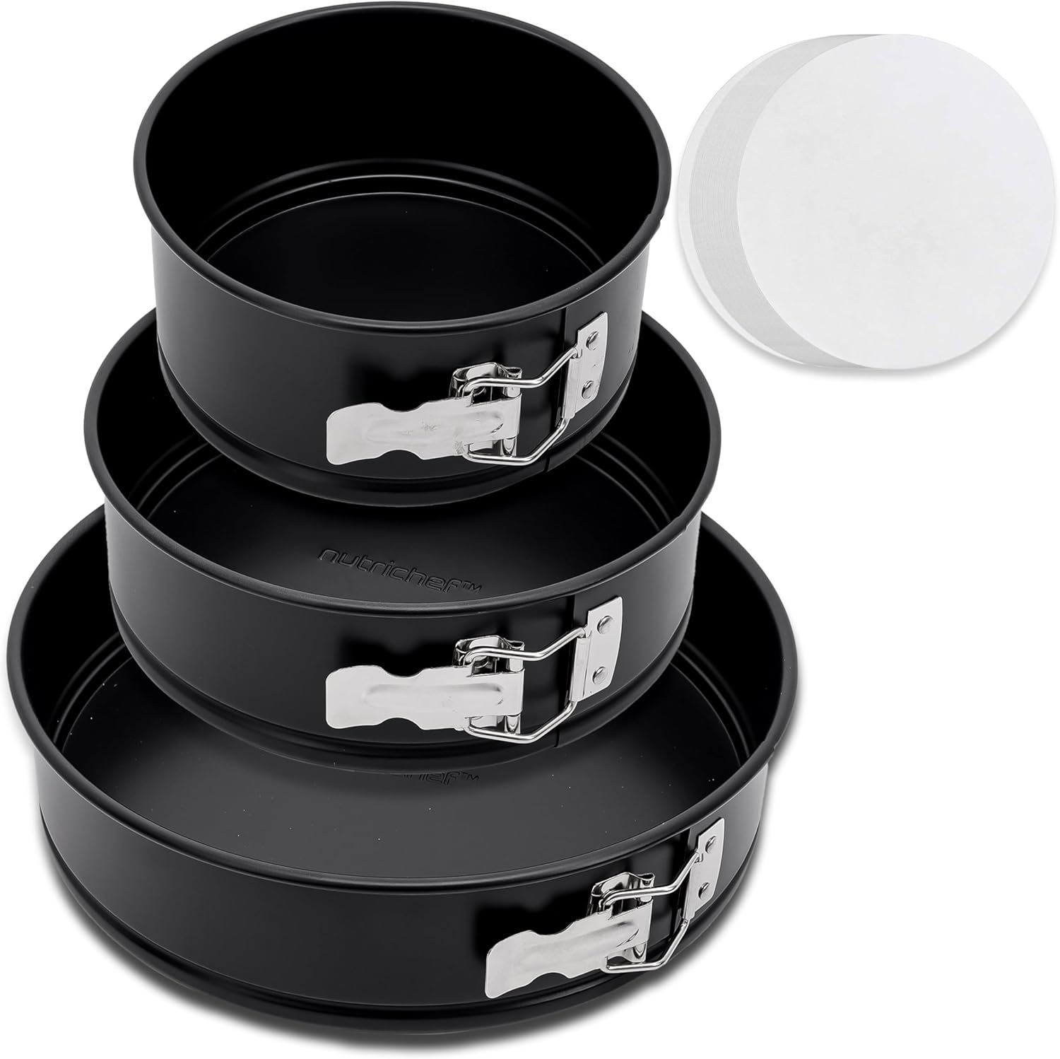 UrbanPantry: 3 Piece Nonstick Springform Pan Set | 3 Tiered Sizes 6, 8 & 10 Inch Pans | Carbon Steel Cheesecake Pans | Stainless Steel Clasps | Oven Safe to 450 F | Includes 300 Parchment Papers | Black