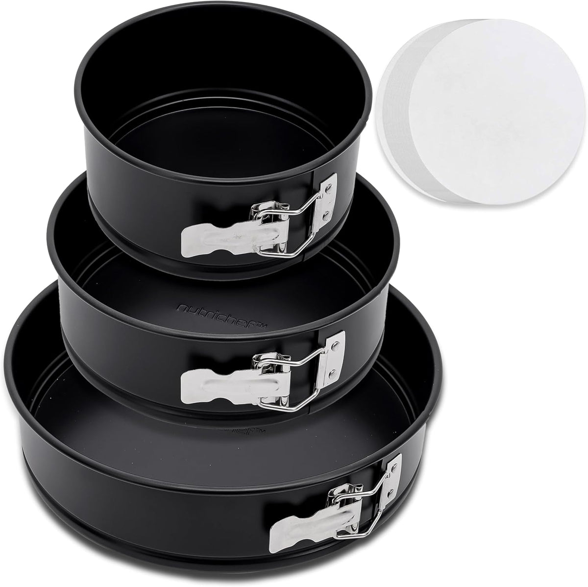 UrbanPantry: 3 Piece Nonstick Springform Pan Set | 3 Tiered Sizes 6, 8 & 10 Inch Pans | Carbon Steel Cheesecake Pans | Stainless Steel Clasps | Oven Safe to 450 F | Includes 300 Parchment Papers | Black