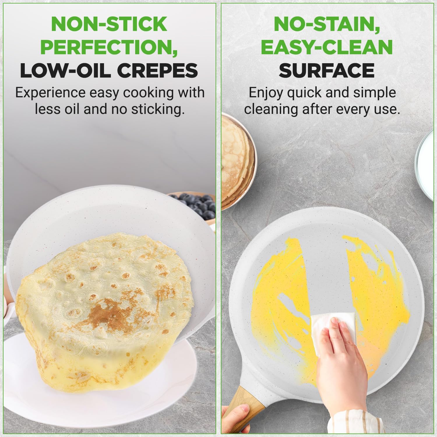 UrbanPantry: 9.45” Non-Stick Crepe Pan with Wooden Spreader, Durable Marble Coated Dosa Pan, Bakelite Handle and Induction Bottom, PFOA/PFOS Free, Dishwasher Safe, Even Heat Distribution (Black Marble)