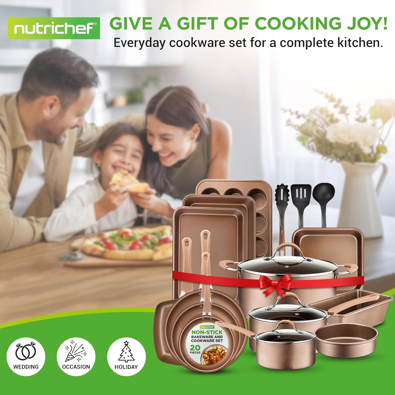 UrbanPantry: 20-Piece Non-Stick Bakeware and Cookware Set - Utensils Including Pots and Baking Pans Made with Durable Aluminum, Tempered Glass Lids, Heat-Resistant Utensils, Easy-Clean Design (White)