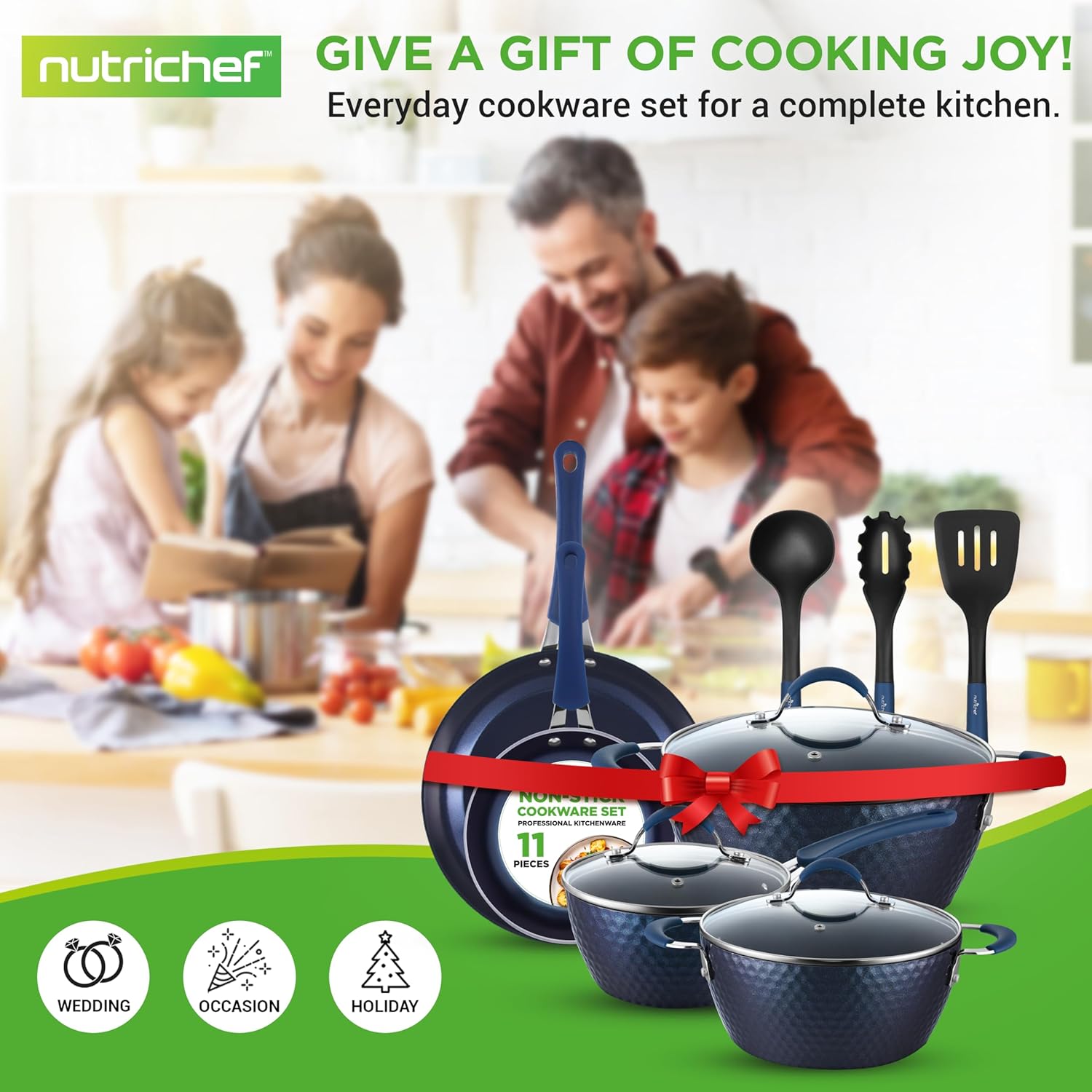 UrbanPantry: 11-Piece Kitchen Cookware Set, Non-Stick Pots and Pans, Easy-to-Clean, Kitchen Utensils Set with Ceramic Coating for Home Cooking, Induction Safe, Diamond Pattern