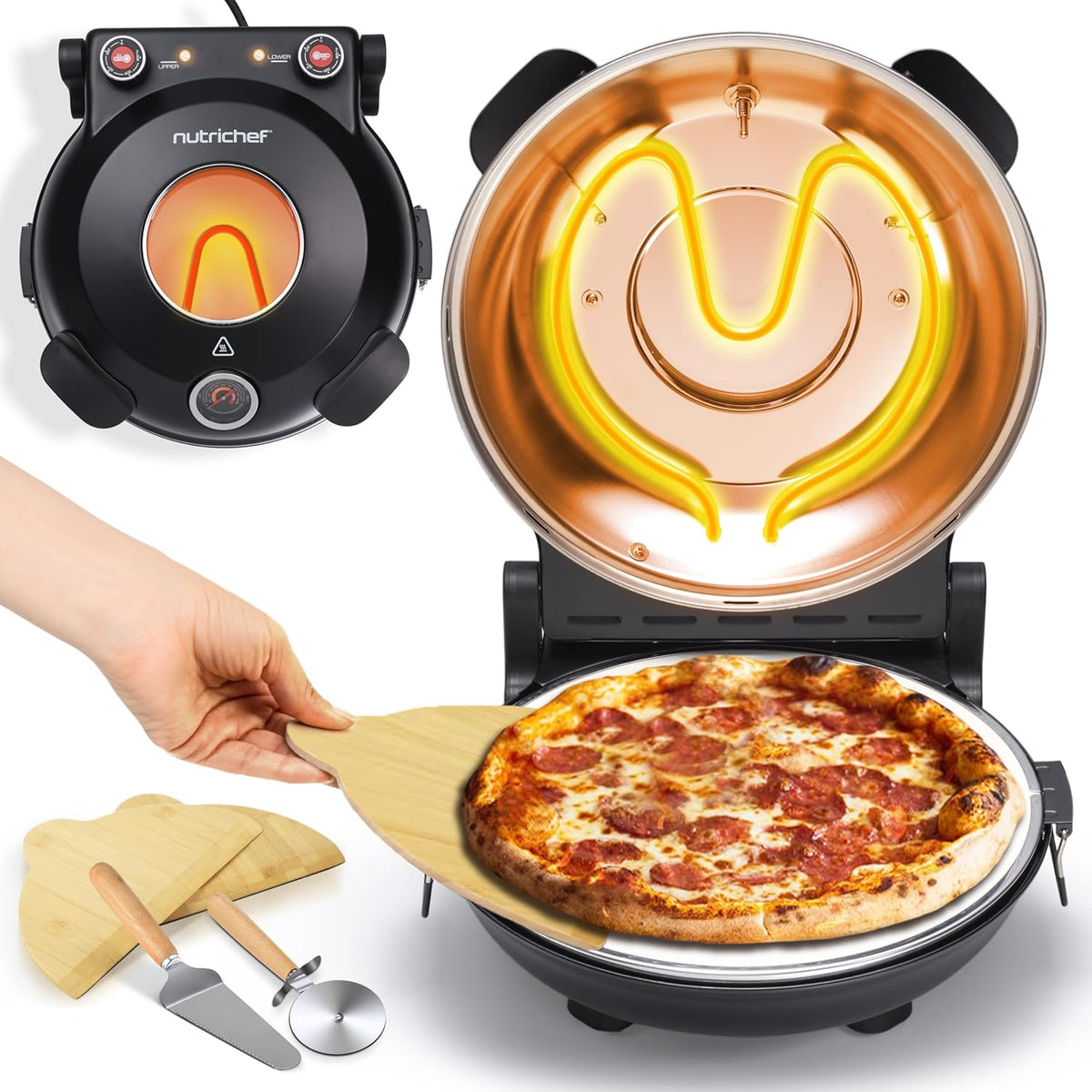 UrbanPantry:  Electric Pizza Oven | 12 Inch Countertop Pizza Maker with Temperature Control & Thermometer | Viewing Window for Precise Cooking | Heats up to 800F | Easy to Clean Non-Stick Stone | White