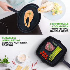 UrbanPantry:  5-Piece Frying Pan Cooking Set, Non-Stick Ceramic Pan Set with Grill Pan and Wok, Stain-Resistant Frying Pans With Cool-Touch Handles, Tempered Glass Lid, PTFE/PFOA/PFOS Free (Blue)