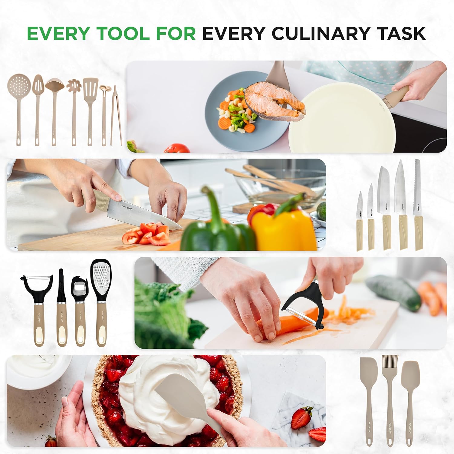 UrbanPantry:  75-Piece Non-Stick Pots and Pans Set, Complete Ceramic Cookware Set with Bakeware, Utensils, Knife Set, & Accessories, Stain-Resistant, Food-Grade Safe, Cream/Brown