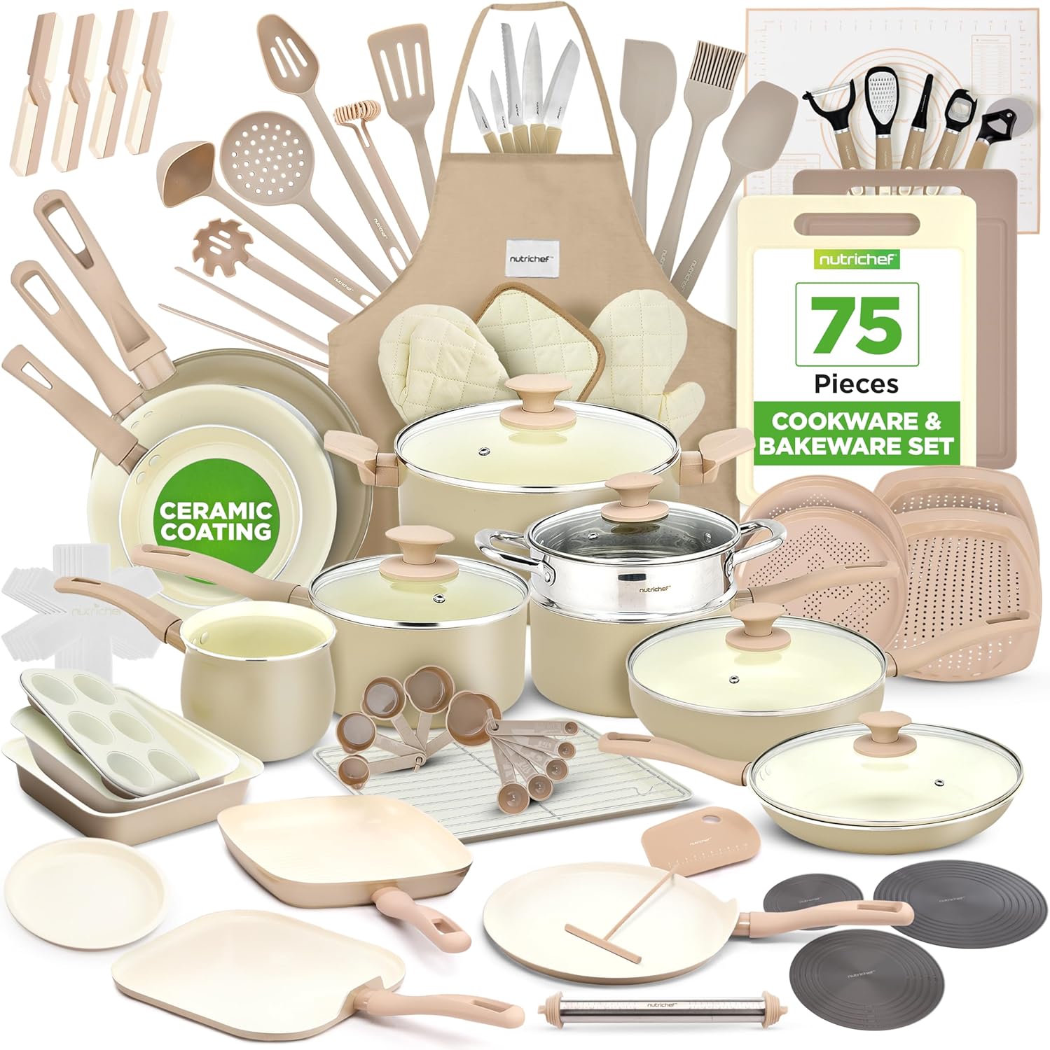 UrbanPantry:  75-Piece Non-Stick Pots and Pans Set, Complete Ceramic Cookware Set with Bakeware, Utensils, Knife Set, & Accessories, Stain-Resistant, Food-Grade Safe, Cream/Brown