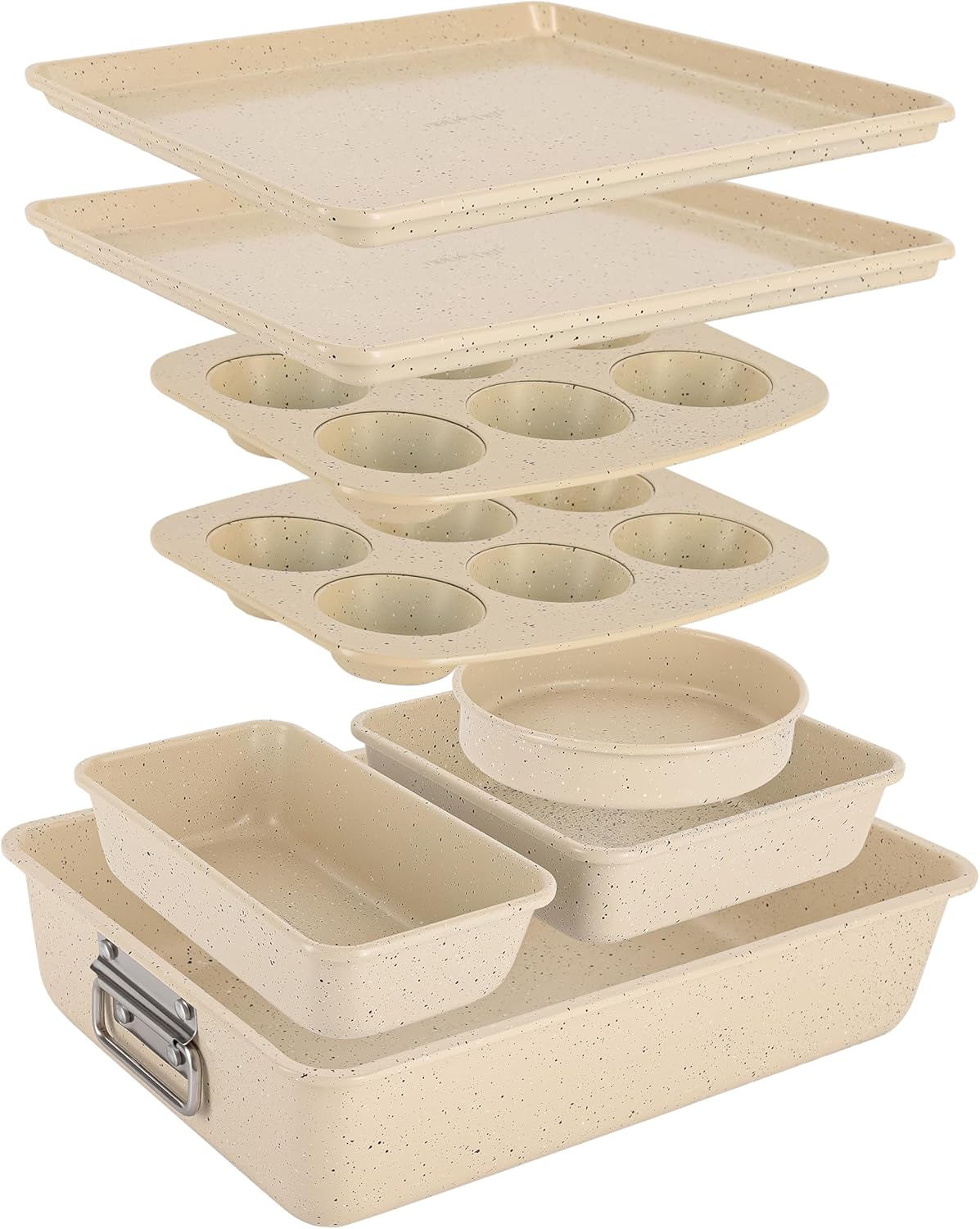 UrbanPantry: 8-Piece Stackable Bakeware Set | Carbon Steel Non-Stick Baking Pan Set | Includes Sheet, Muffin, Round, Loaf, Square Cake & Deep Pans | No PFOA & PFOS | Oven Safe to 450 F (Marble Cream)