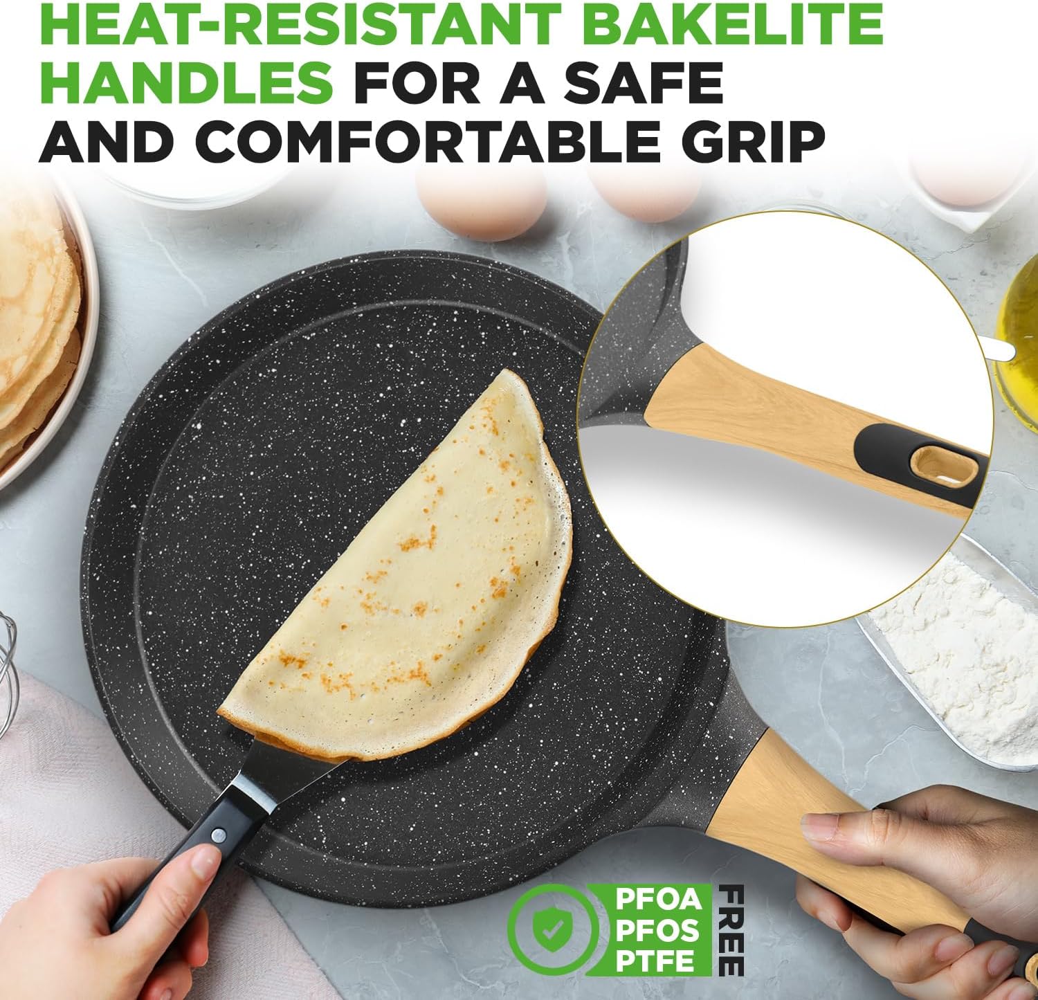 UrbanPantry: 9.45” Non-Stick Crepe Pan with Wooden Spreader, Durable Marble Coated Dosa Pan, Bakelite Handle and Induction Bottom, PFOA/PFOS Free, Dishwasher Safe, Even Heat Distribution (Black Marble)
