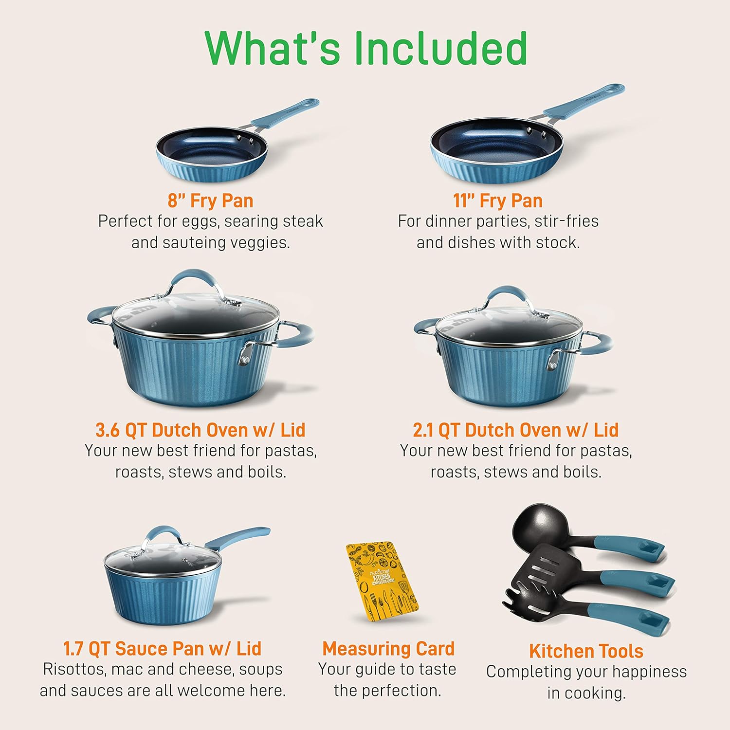 UrbanPantry: 11-Piece Kitchen Cookware Set, Non-Stick Pots and Pans, Easy-to-Clean, Kitchen Utensils Set with Ceramic Coating for Home Cooking, Induction Safe, Diamond Pattern