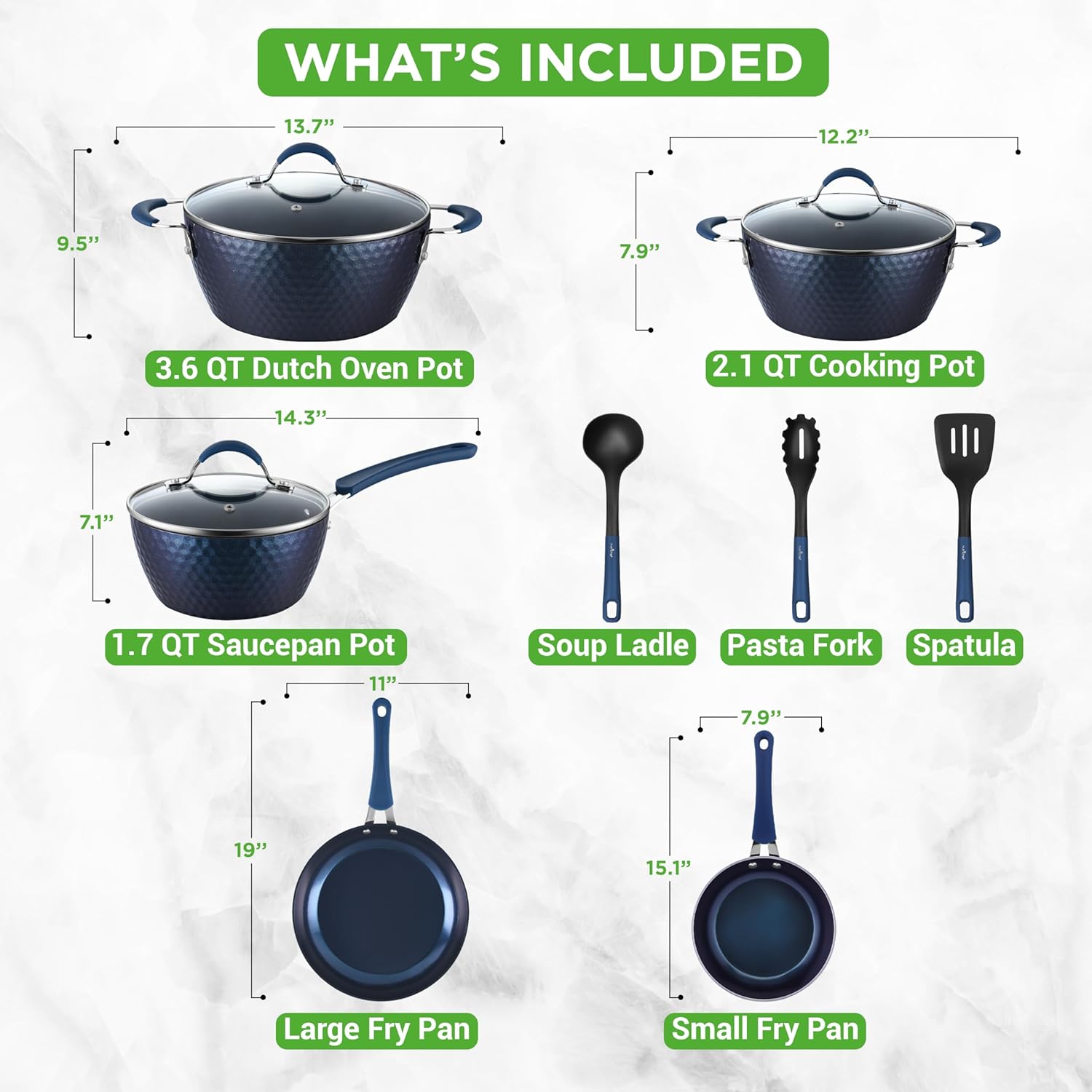 UrbanPantry: 11-Piece Kitchen Cookware Set, Non-Stick Pots and Pans, Easy-to-Clean, Kitchen Utensils Set with Ceramic Coating for Home Cooking, Induction Safe, Diamond Pattern