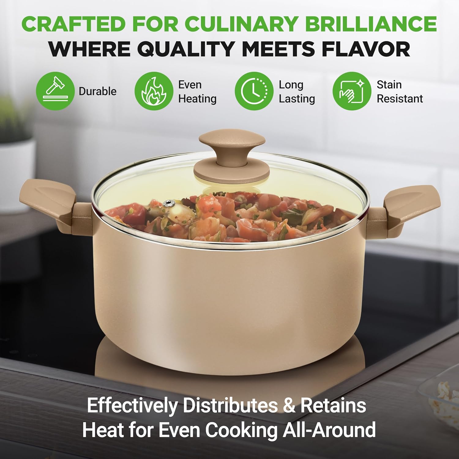 UrbanPantry:  75-Piece Non-Stick Pots and Pans Set, Complete Ceramic Cookware Set with Bakeware, Utensils, Knife Set, & Accessories, Stain-Resistant, Food-Grade Safe, Cream/Brown