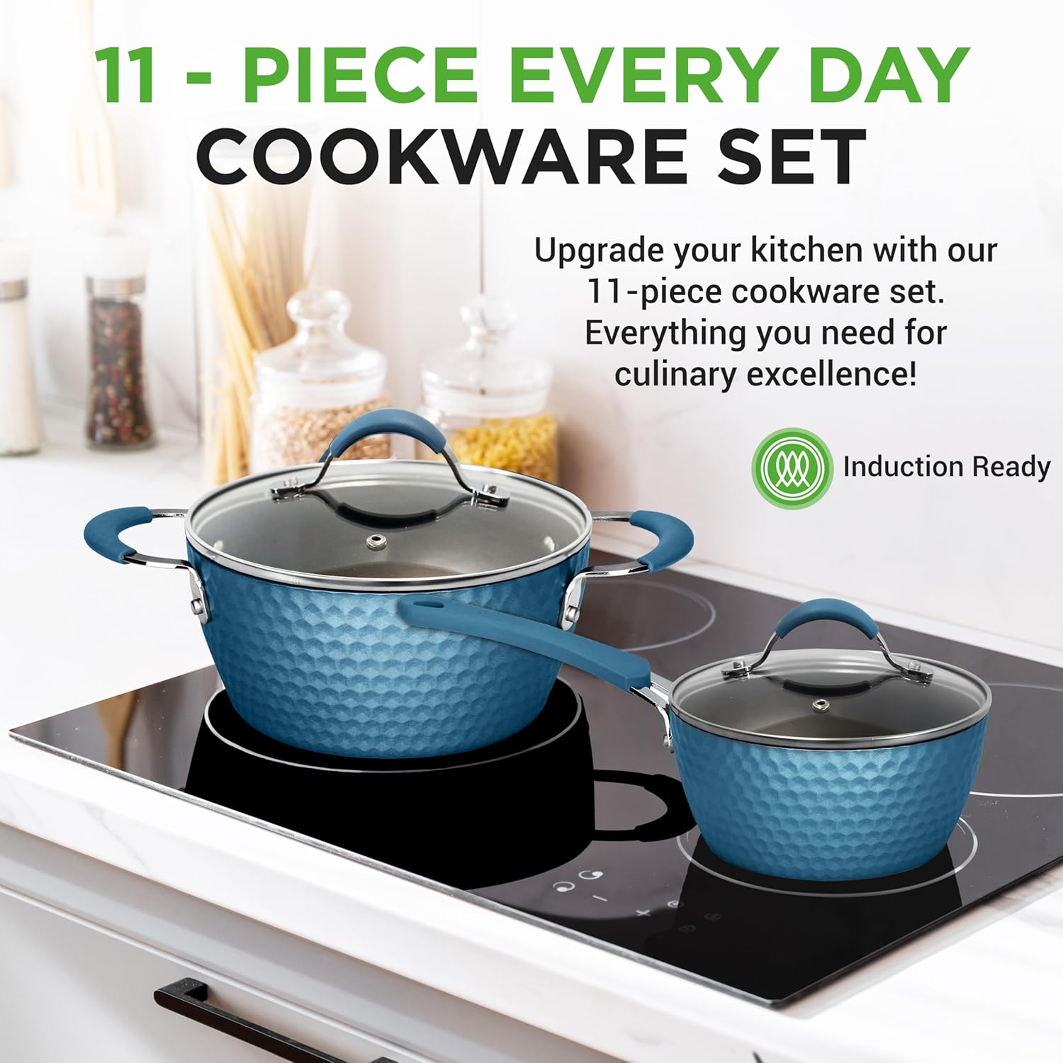UrbanPantry: 11-Piece Kitchen Cookware Set, Non-Stick Pots and Pans, Easy-to-Clean, Kitchen Utensils Set with Ceramic Coating for Home Cooking, Induction Safe, Diamond Pattern