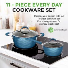 UrbanPantry: 11-Piece Kitchen Cookware Set, Non-Stick Pots and Pans, Easy-to-Clean, Kitchen Utensils Set with Ceramic Coating for Home Cooking, Induction Safe, Diamond Pattern