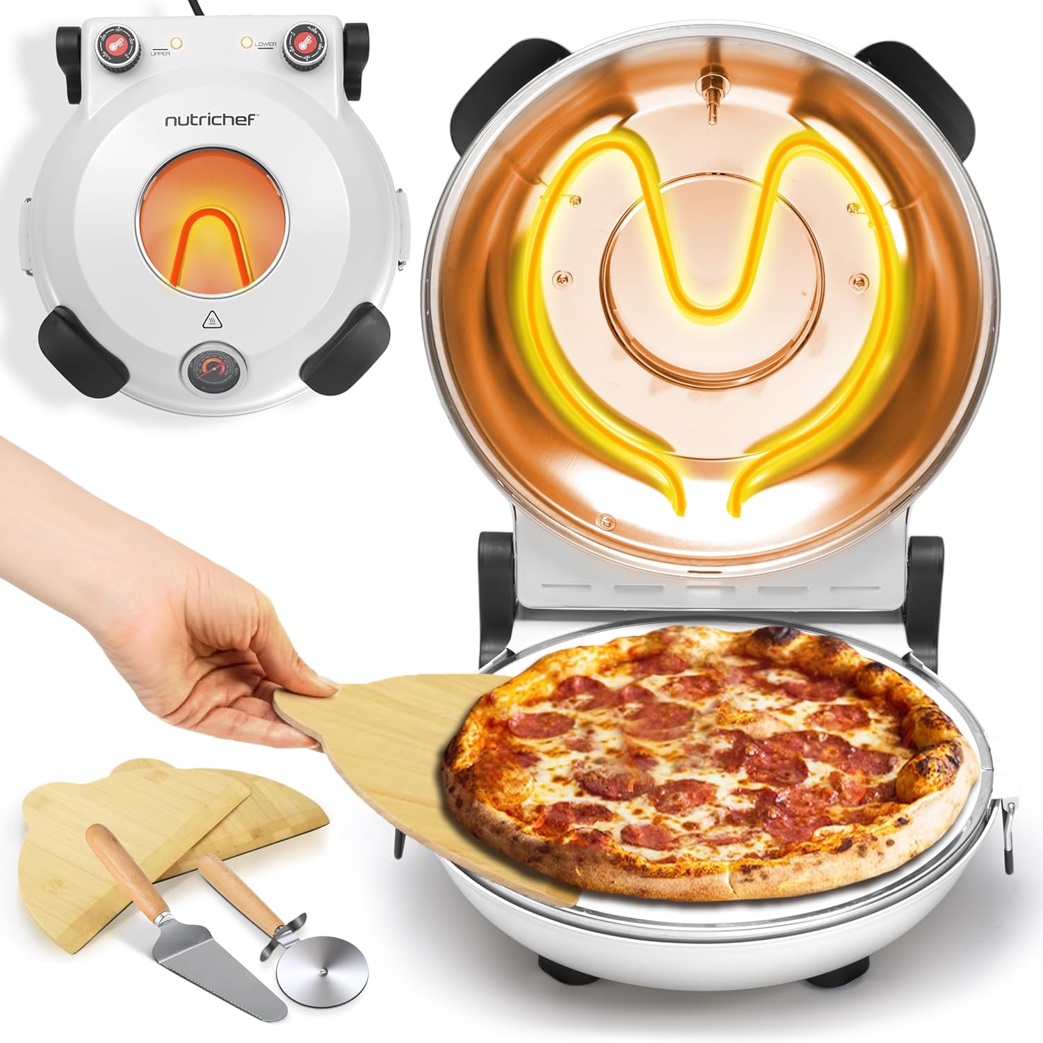UrbanPantry:  Electric Pizza Oven | 12 Inch Countertop Pizza Maker with Temperature Control & Thermometer | Viewing Window for Precise Cooking | Heats up to 800F | Easy to Clean Non-Stick Stone | White