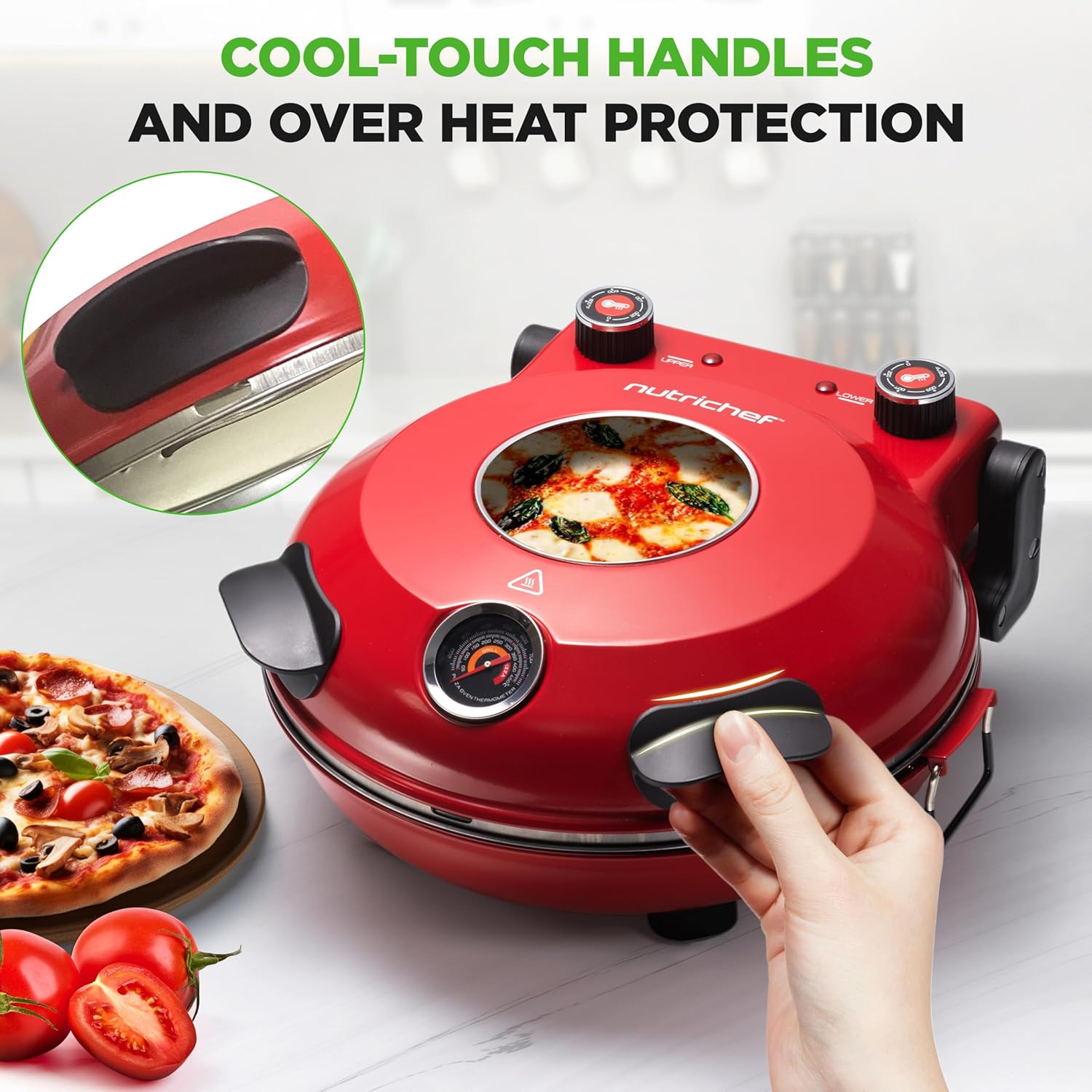 UrbanPantry:  Electric Pizza Oven | 12 Inch Countertop Pizza Maker with Temperature Control & Thermometer | Viewing Window for Precise Cooking | Heats up to 800F | Easy to Clean Non-Stick Stone | White