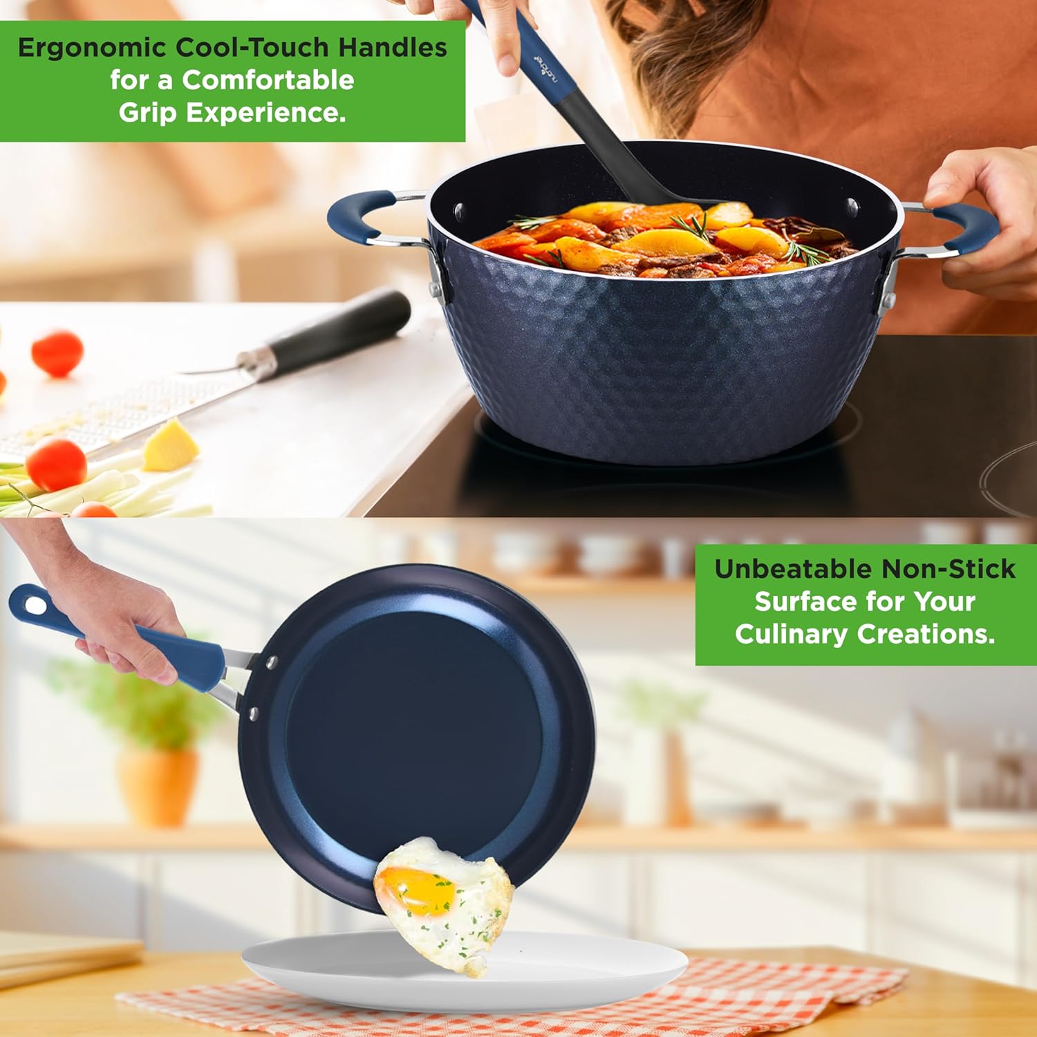 UrbanPantry: 11-Piece Kitchen Cookware Set, Non-Stick Pots and Pans, Easy-to-Clean, Kitchen Utensils Set with Ceramic Coating for Home Cooking, Induction Safe, Diamond Pattern