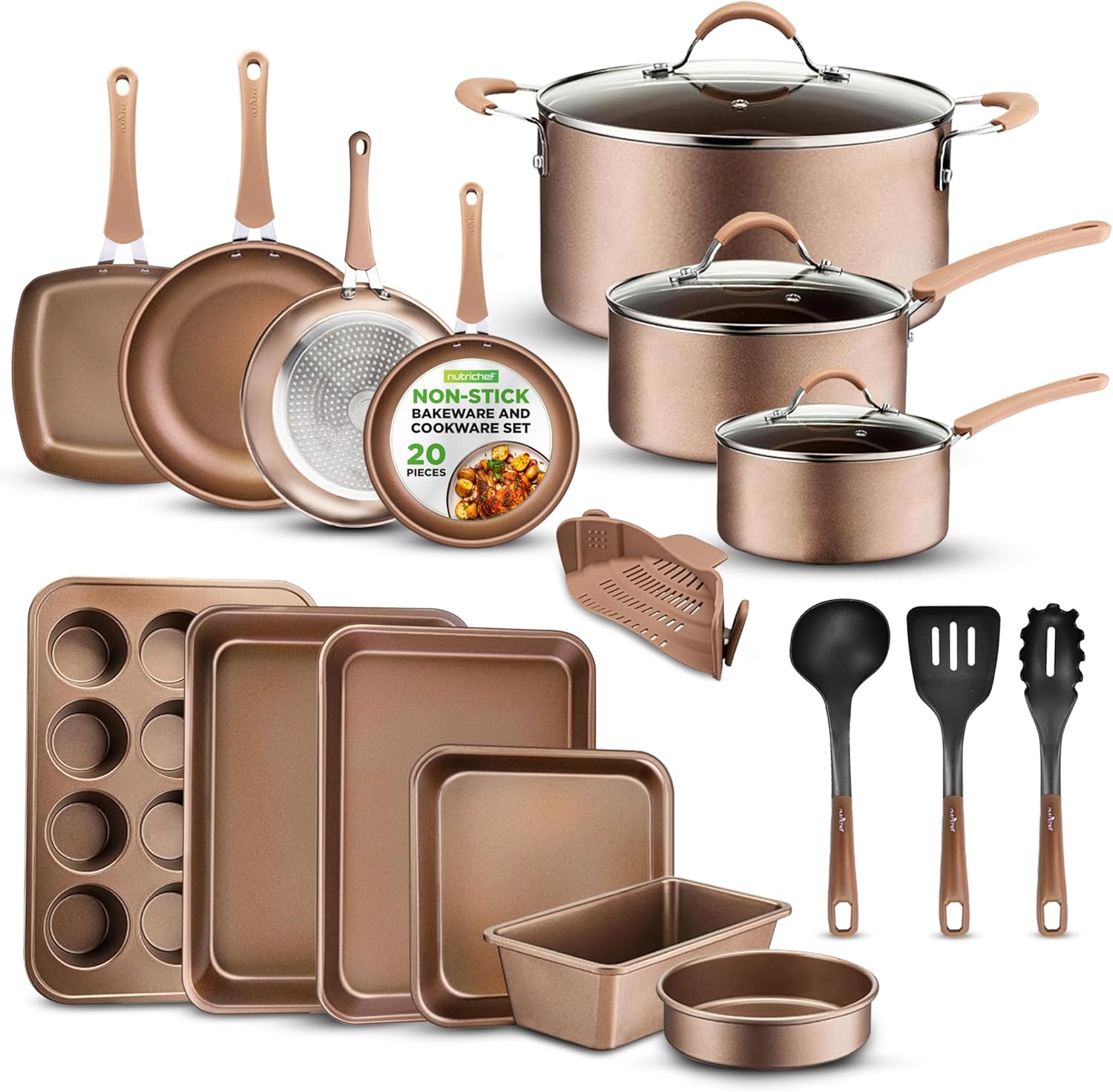 UrbanPantry: 20-Piece Non-Stick Bakeware and Cookware Set - Utensils Including Pots and Baking Pans Made with Durable Aluminum, Tempered Glass Lids, Heat-Resistant Utensils, Easy-Clean Design (White)