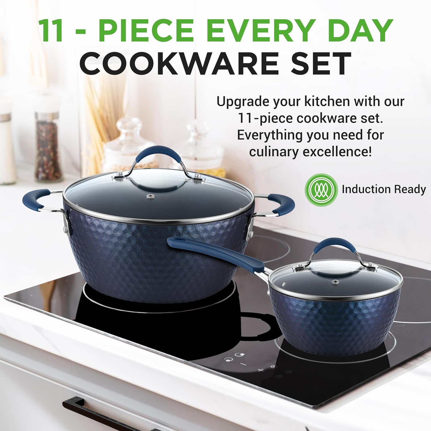 UrbanPantry: 11-Piece Kitchen Cookware Set, Non-Stick Pots and Pans, Easy-to-Clean, Kitchen Utensils Set with Ceramic Coating for Home Cooking, Induction Safe, Diamond Pattern