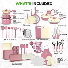 UrbanPantry:  75-Piece Non-Stick Pots and Pans Set, Complete Ceramic Cookware Set with Bakeware, Utensils, Knife Set, & Accessories, Stain-Resistant, Food-Grade Safe, Cream/Brown
