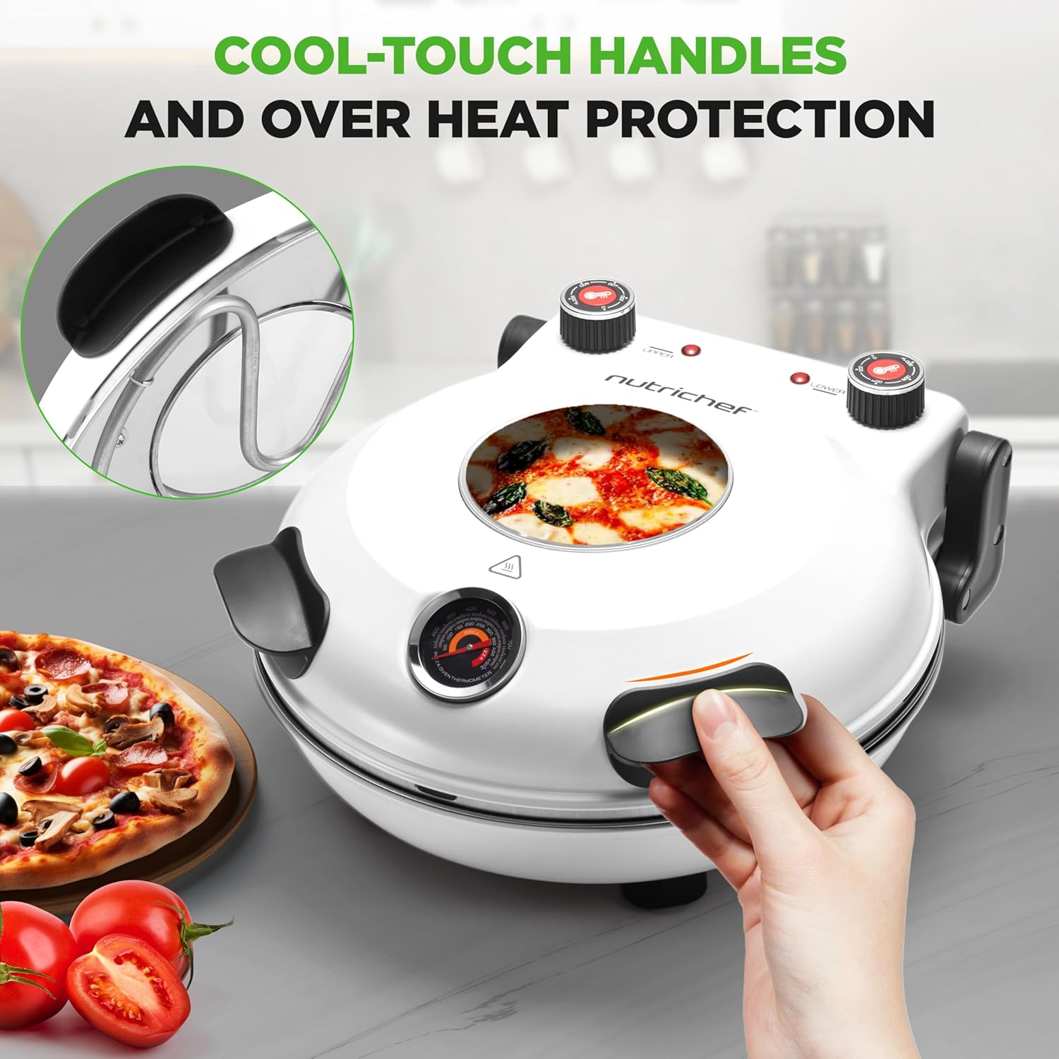 UrbanPantry:  Electric Pizza Oven | 12 Inch Countertop Pizza Maker with Temperature Control & Thermometer | Viewing Window for Precise Cooking | Heats up to 800F | Easy to Clean Non-Stick Stone | White