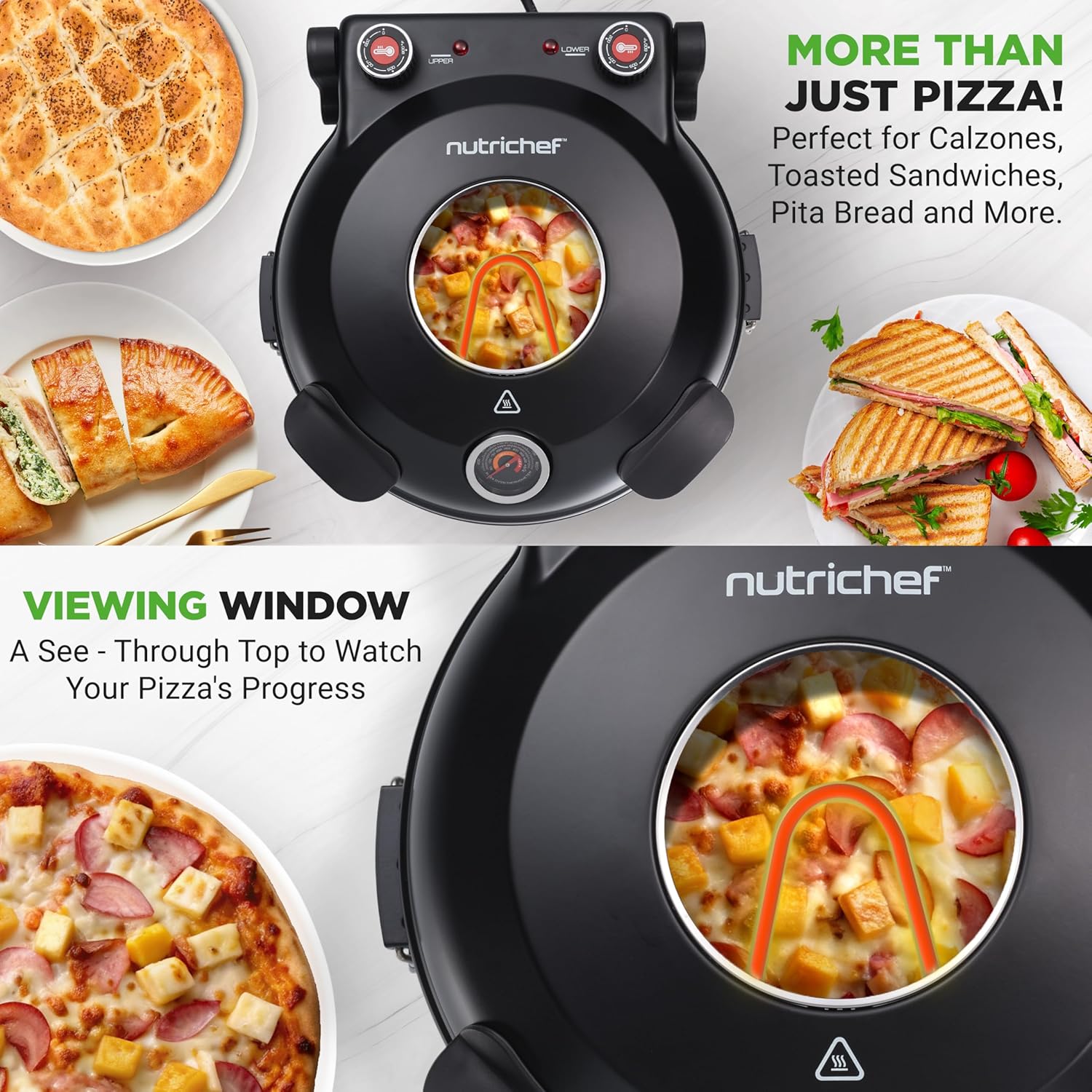 UrbanPantry:  Electric Pizza Oven | 12 Inch Countertop Pizza Maker with Temperature Control & Thermometer | Viewing Window for Precise Cooking | Heats up to 800F | Easy to Clean Non-Stick Stone | White