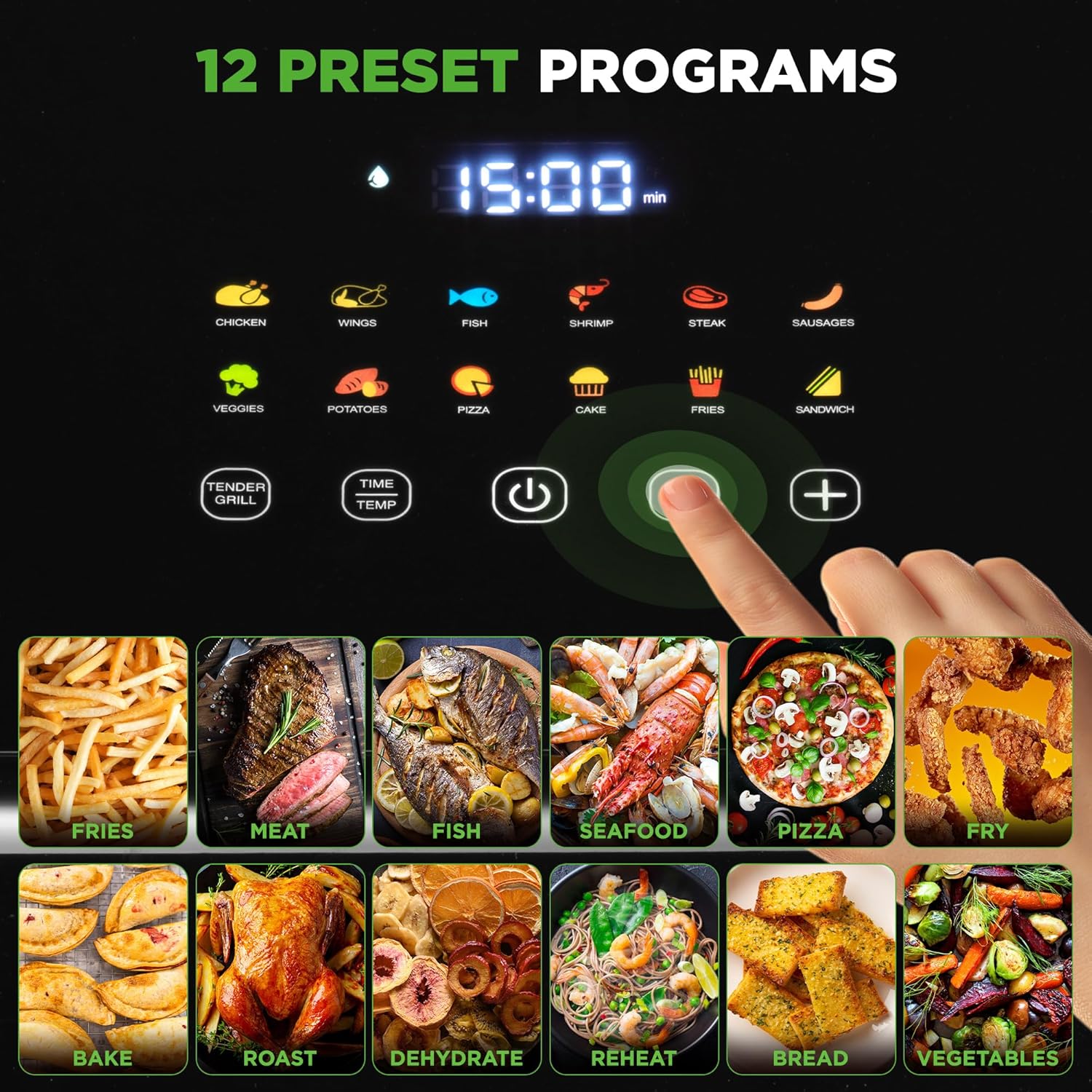 UrbanPantry: 6 Quart Air Fryer - 1400W Large Digital Airfryer, LED Touch Display, 12 Cooking Presets, 360° Hot Air for Even Heat, Adjustable Temp/Timer, Non-Stick Basket, Transparent Window (Black)